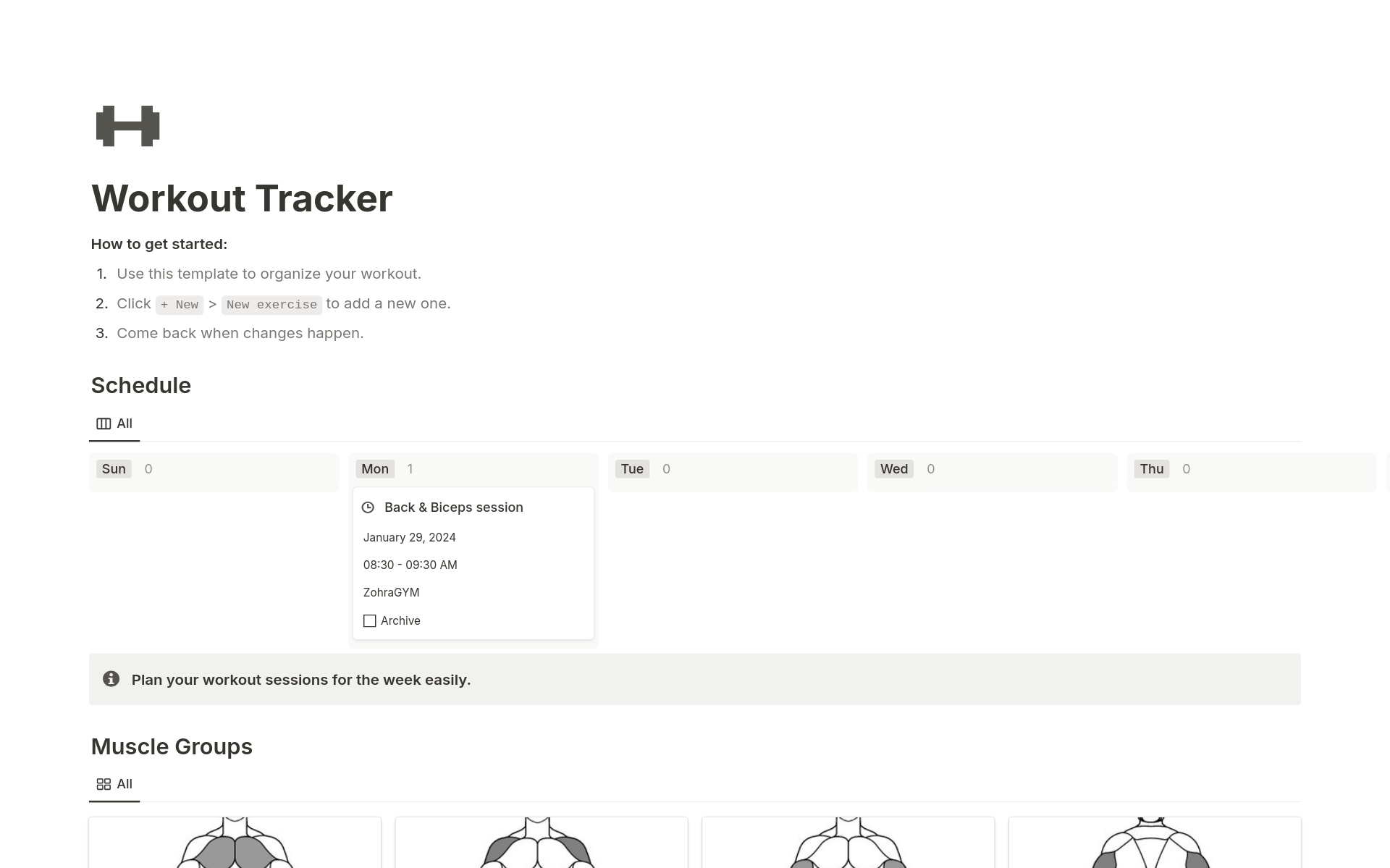 A template preview for Workout Tracker