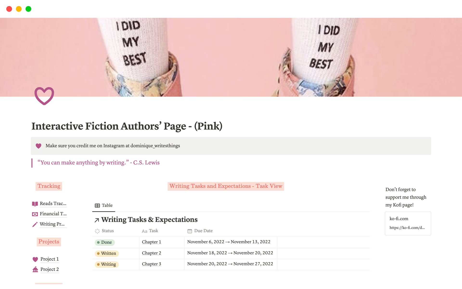 En forhåndsvisning av mal for Interactive Fiction Authors’ Page - (Pink)