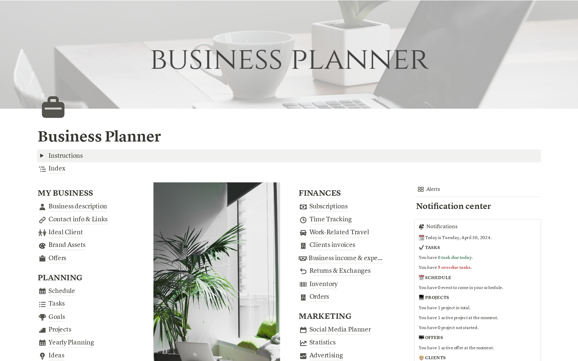 Business Plannerのテンプレートのプレビュー