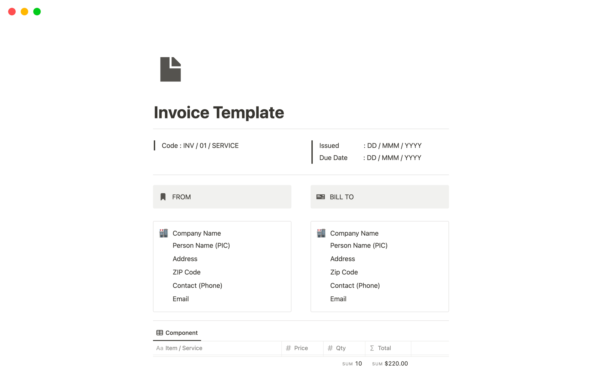 Vista previa de una plantilla para Notion Invoice Template