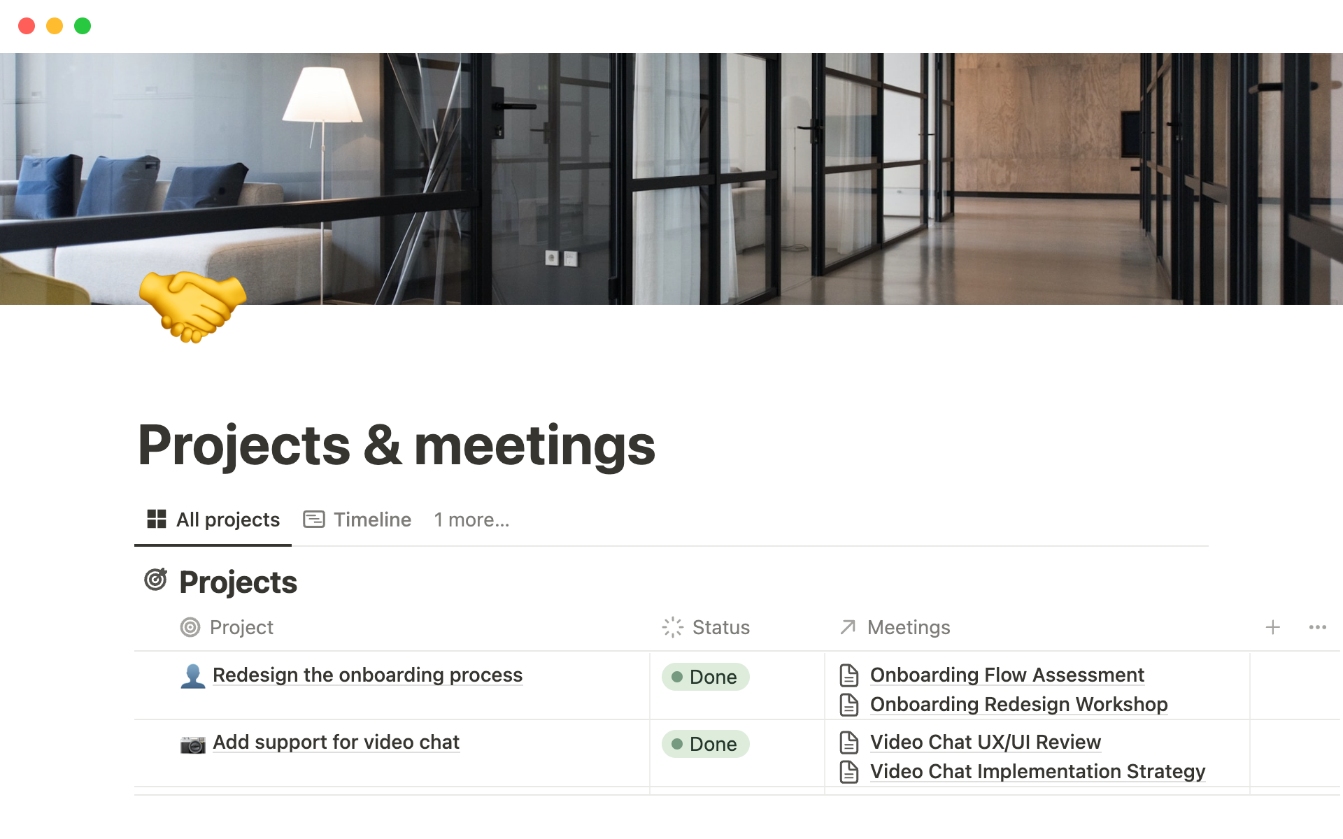 A template preview for Projects & meetings