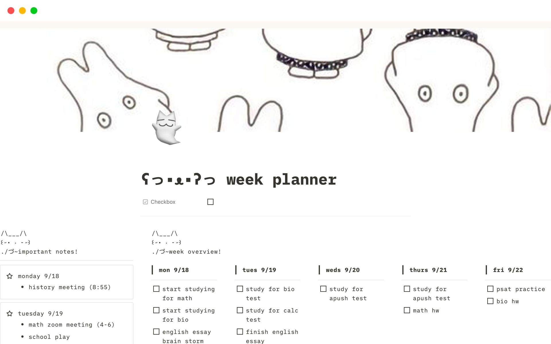 A template preview for week planner