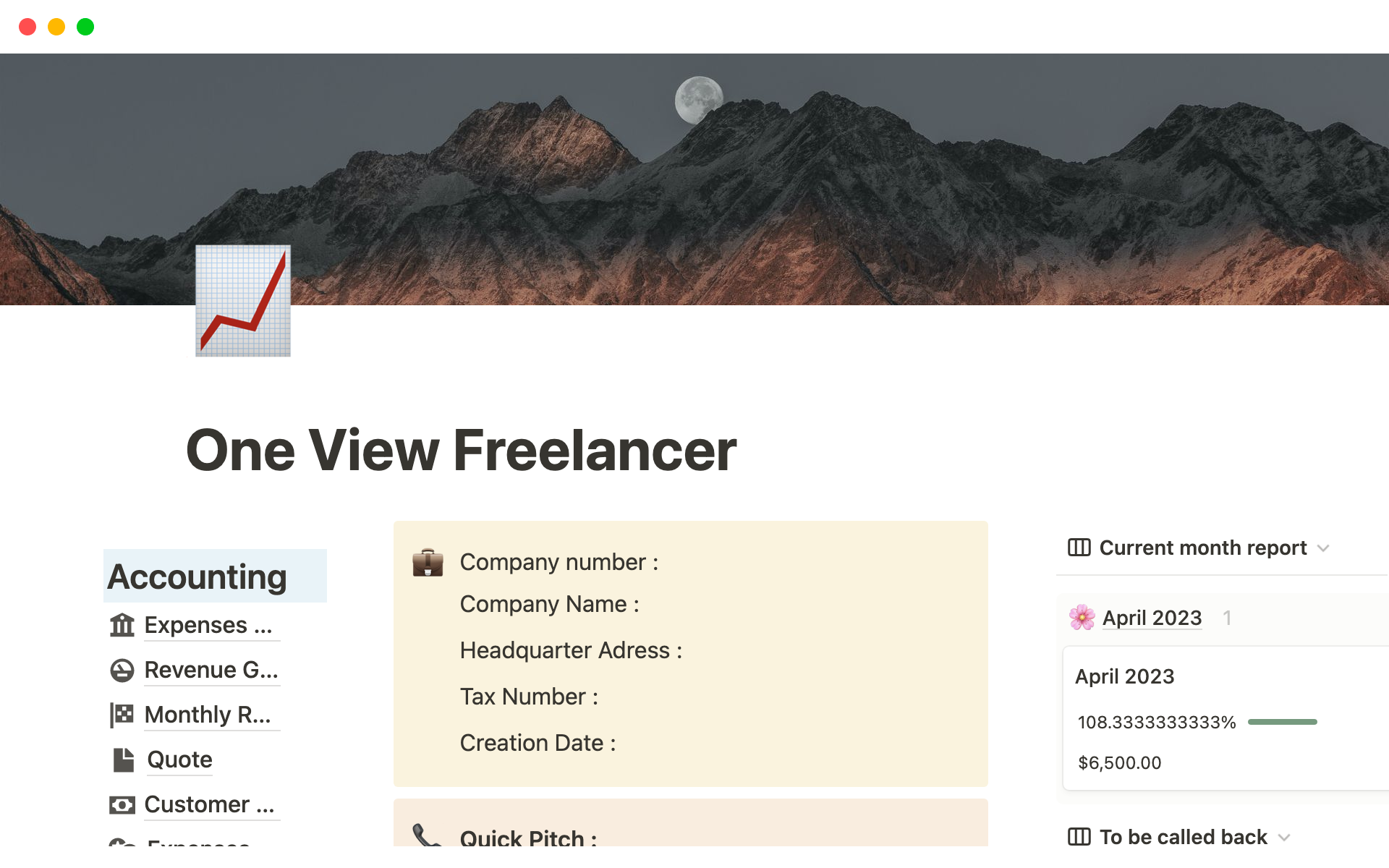 This templates helps you organize your freelancer life. You can see all important information in a blink (prospects to call back, late invoices, projects and revenue).