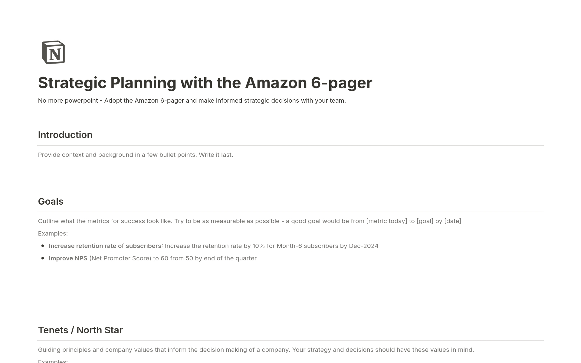 A template preview for Strategic Planning with the Amazon 6-pager