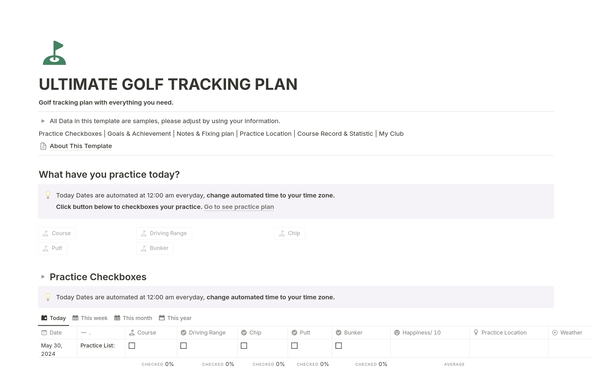 A template preview for Ultimate Golf Tracking Plan