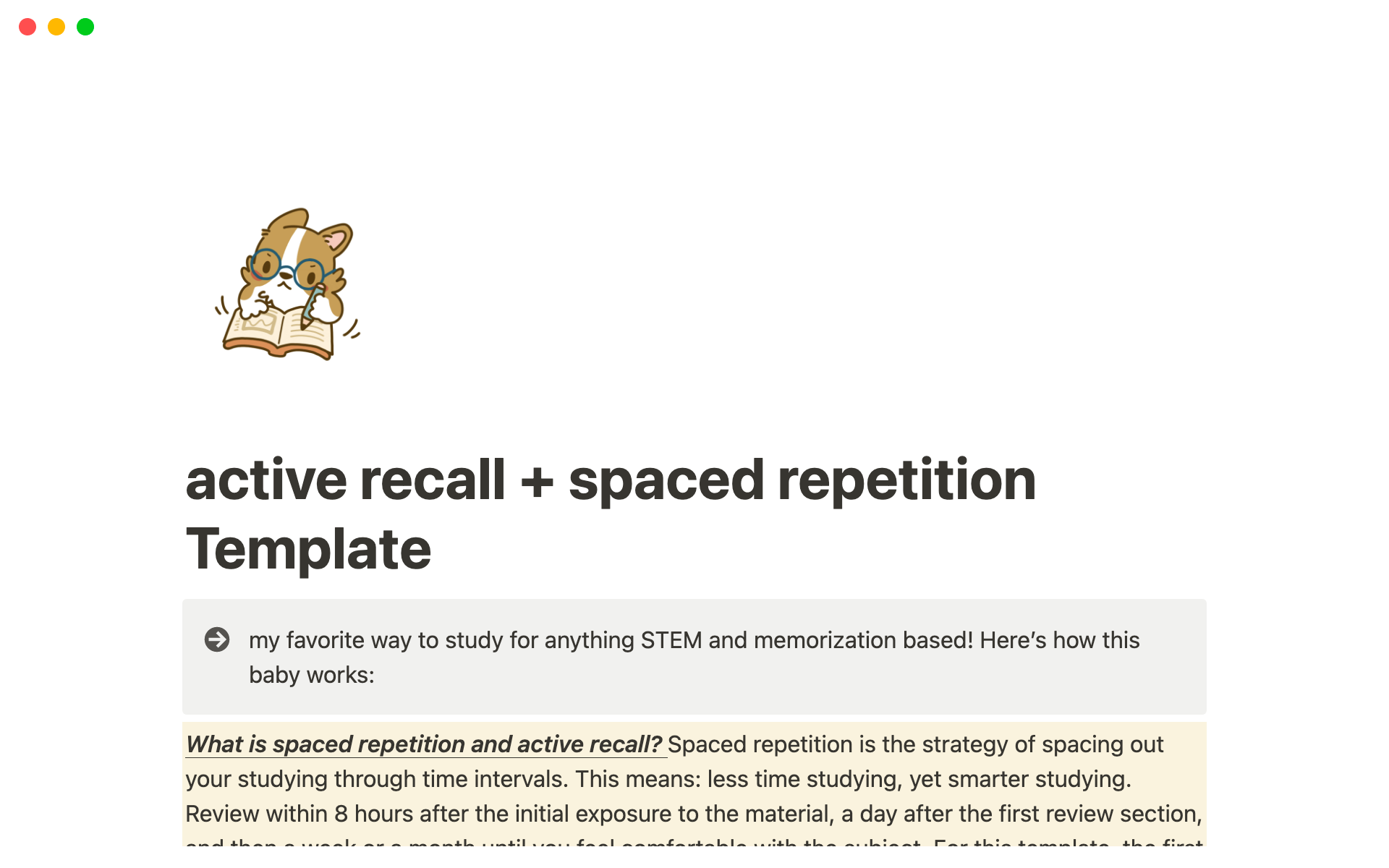 A template preview for Spaced repetition & active recall study template