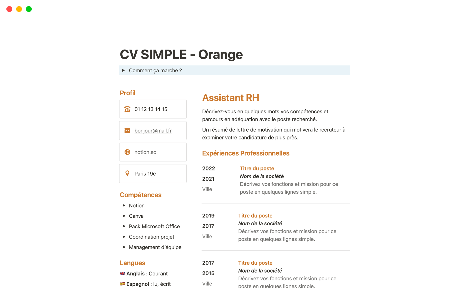 Vista previa de una plantilla para CV SIMPLE - Orange en Français