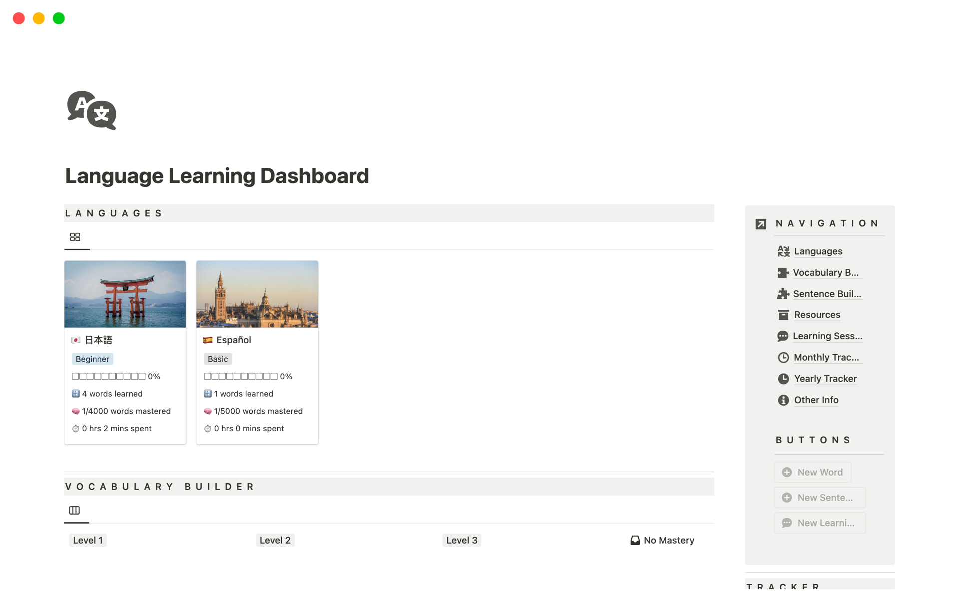 Vista previa de plantilla para Language Learning Dashboard