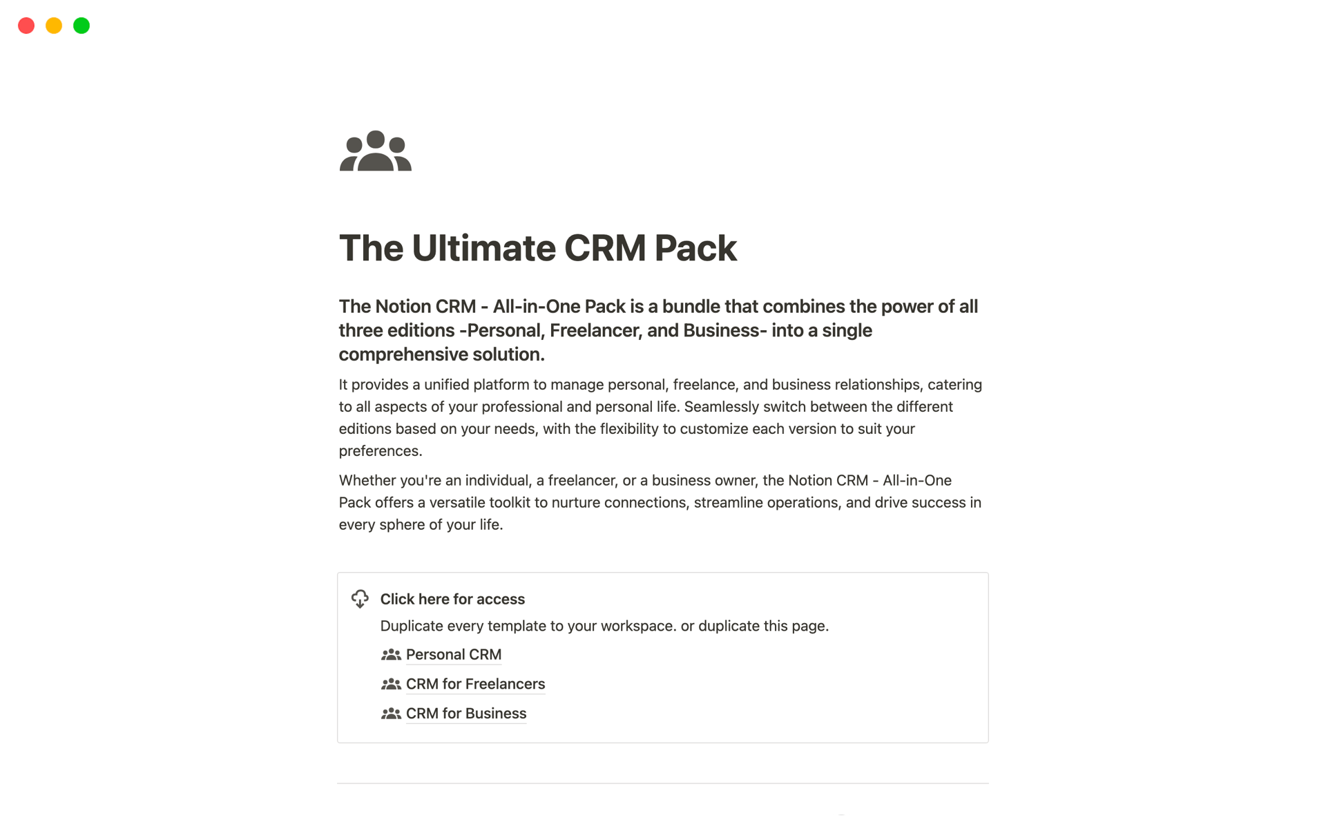 A template preview for Notion CRM - All-In-One-Pack