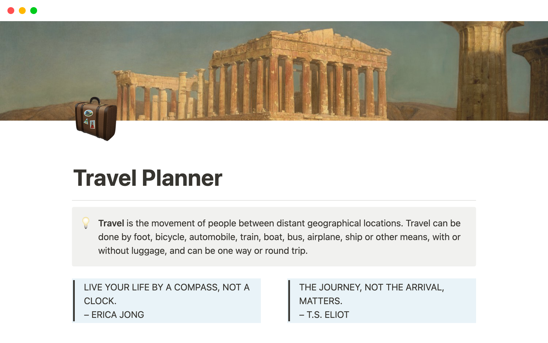 A template preview for Travel Planner and World Overview