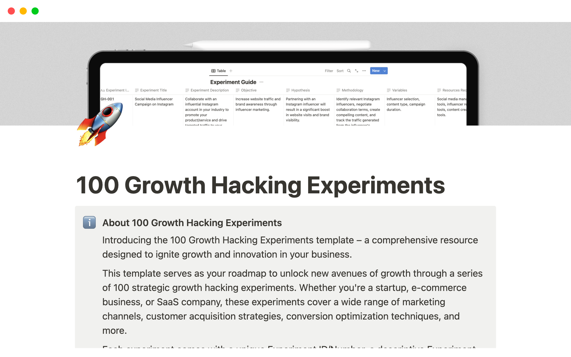 The 100 Growth Hacking Experiments template is a collection of growth hacking ideas and tactics, providing businesses with a wealth of inspiration to ignite their growth strategies, optimize performance, and unlock new opportunities for success.