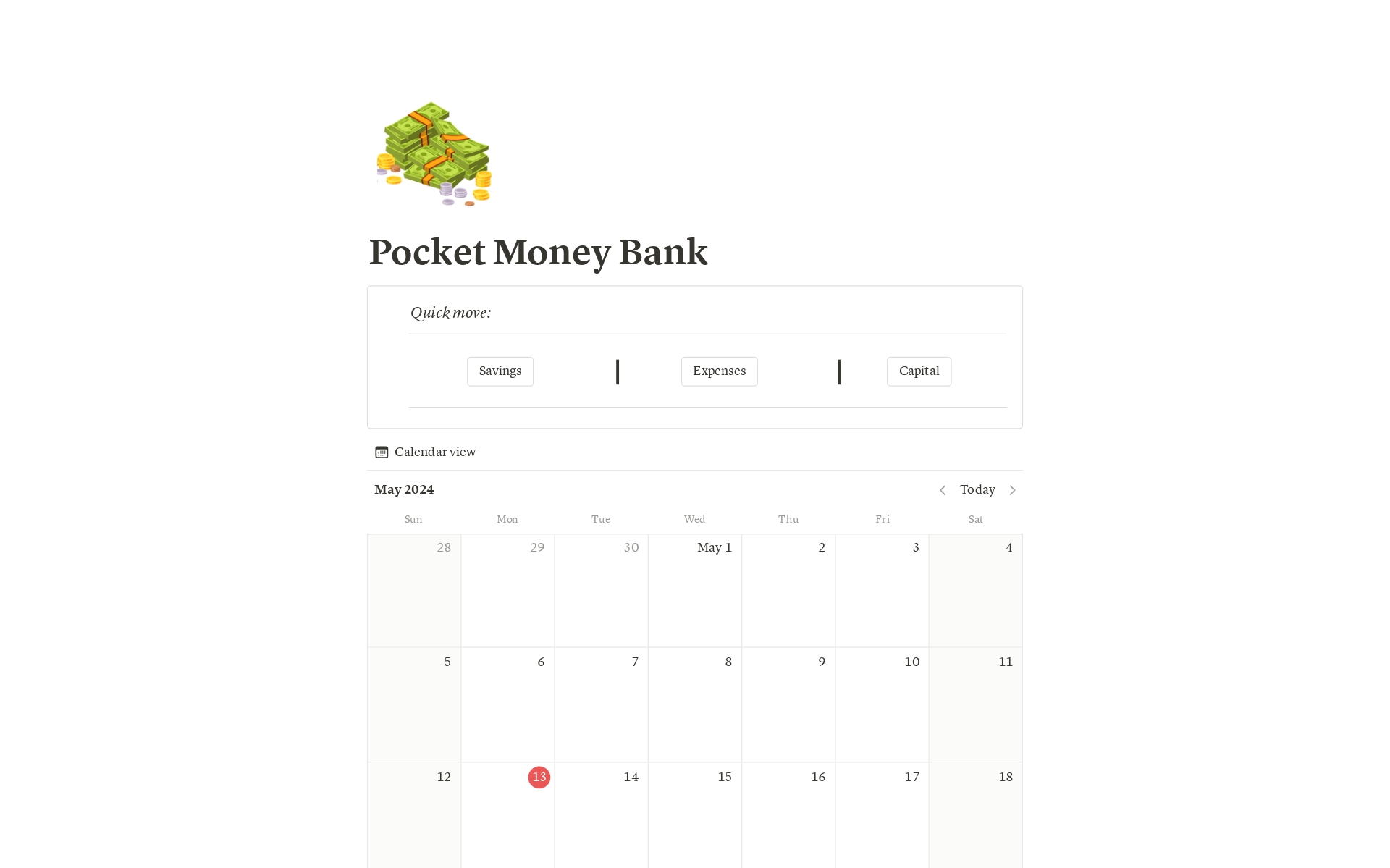 A template preview for Pocket Money Bank