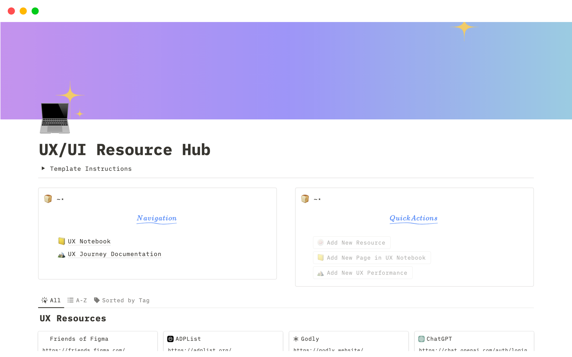 Vista previa de una plantilla para UX/UI Resource Hub 