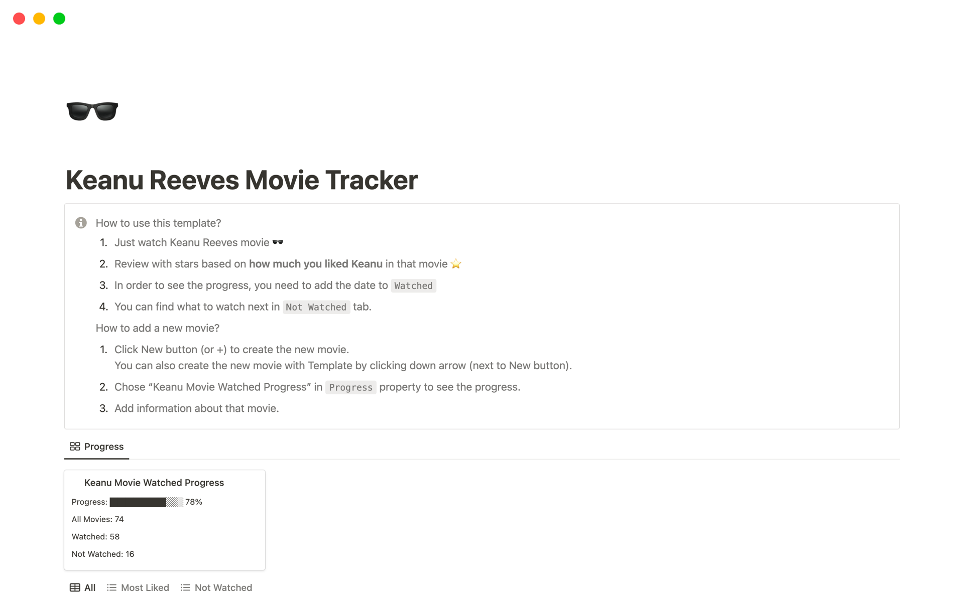 Eine Vorlagenvorschau für Keanu Reeves Movie Tracker