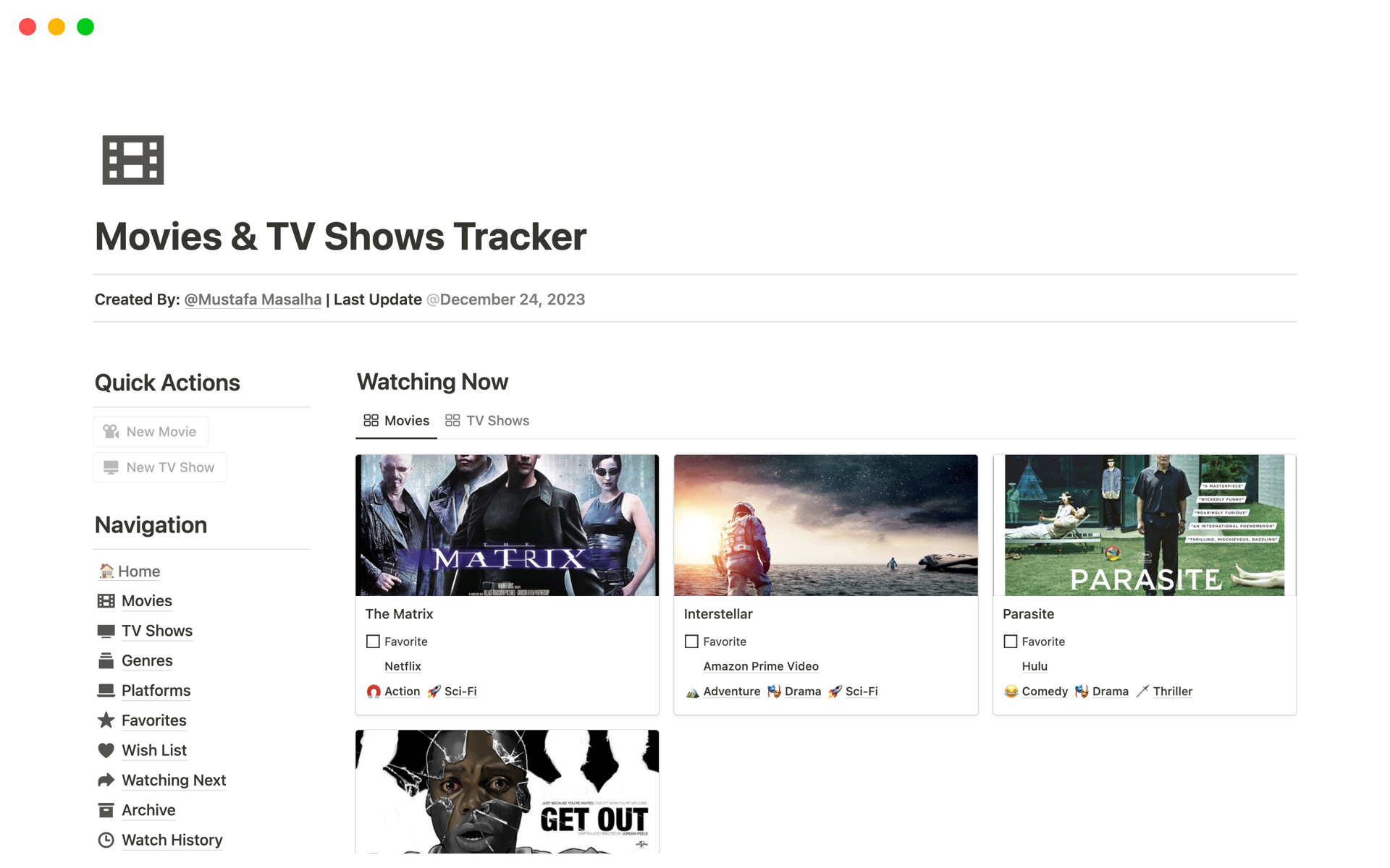 A template preview for Movies & TV Shows Tracker