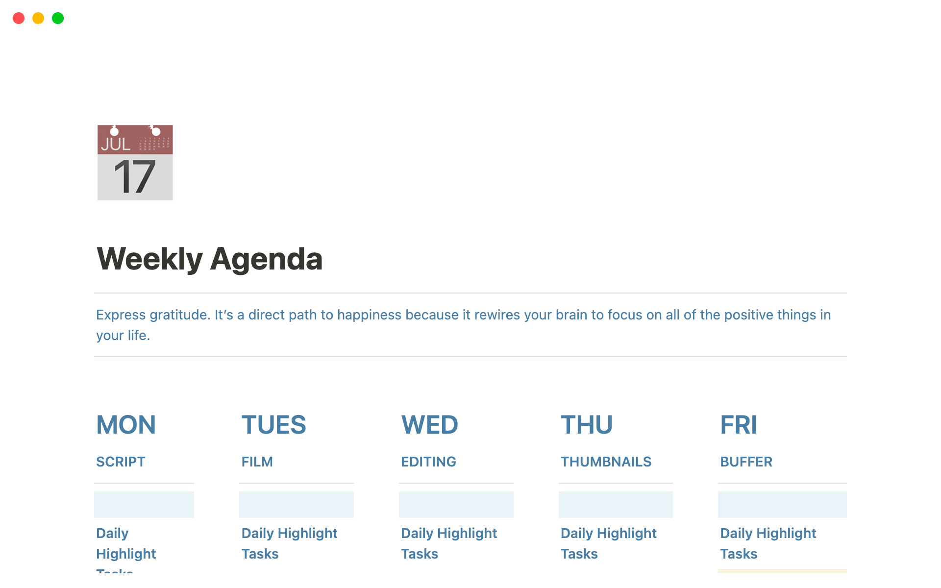 Uma prévia do modelo para Weekly Agenda (Present Planning)