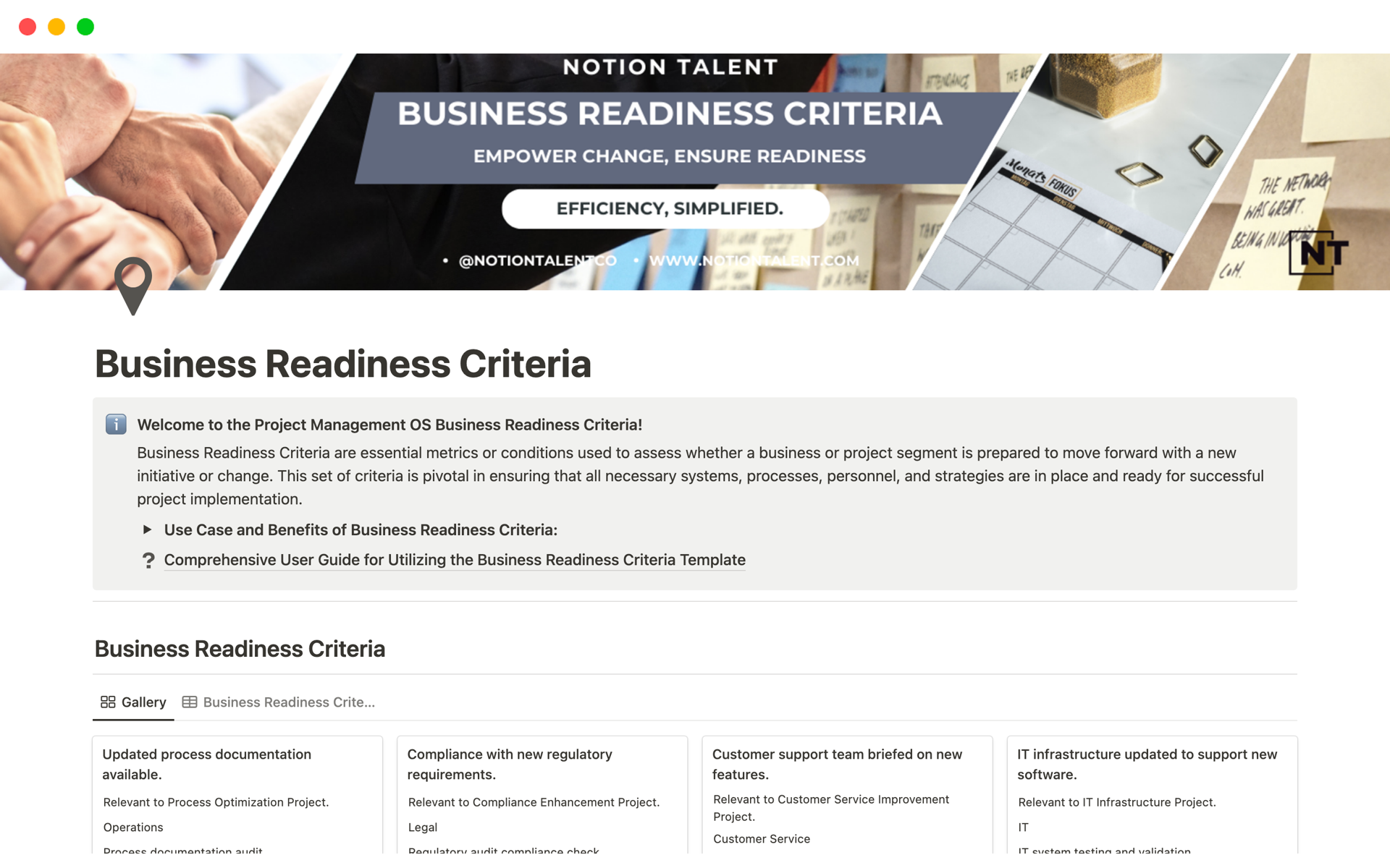 Ensure your project's success with the Notion Business Readiness Criteria Template, providing a structured approach to evaluate and prepare for upcoming project launches. This template is essential for assessing readiness and addressing any gaps before deployment.