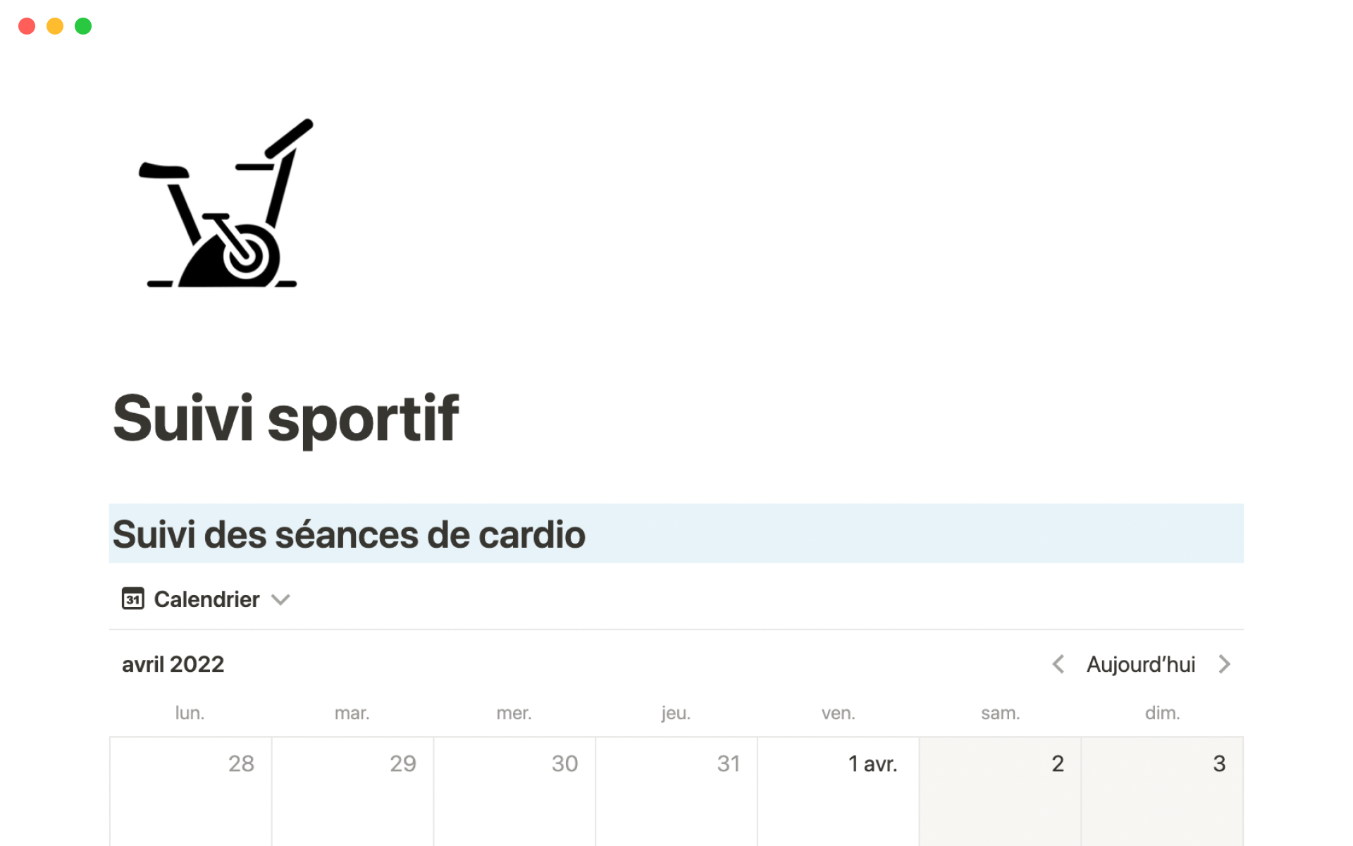 A template preview for Suivi sportif