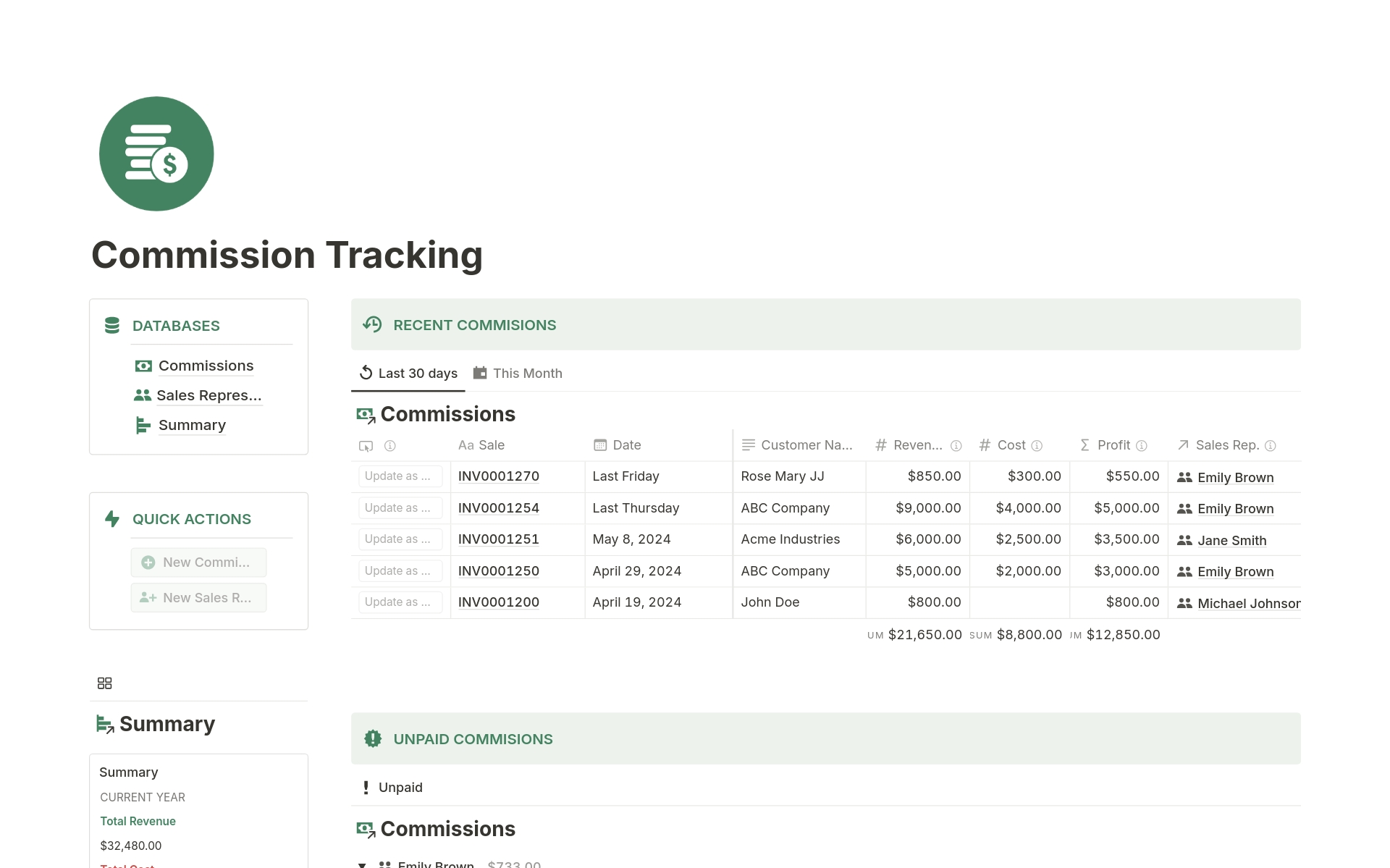 Vista previa de una plantilla para Sales Commission Tracking