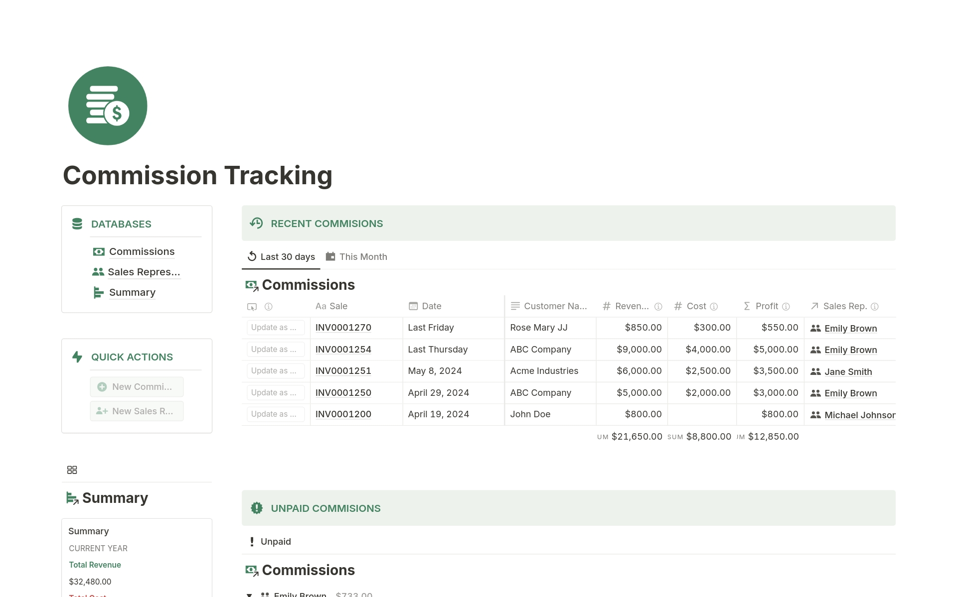 A template preview for Sales Commission Tracking