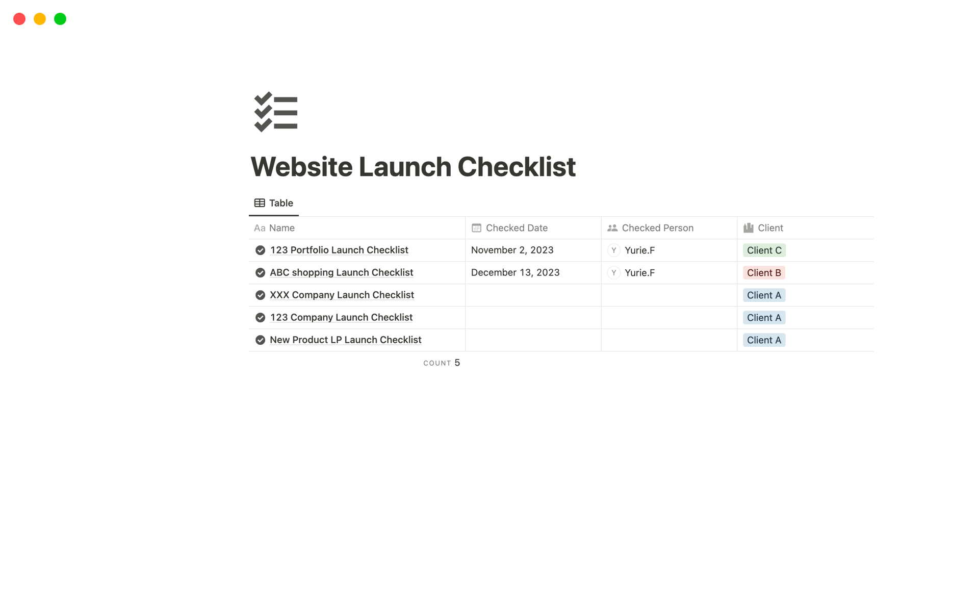 Aperçu du modèle de Website Launch Checklist