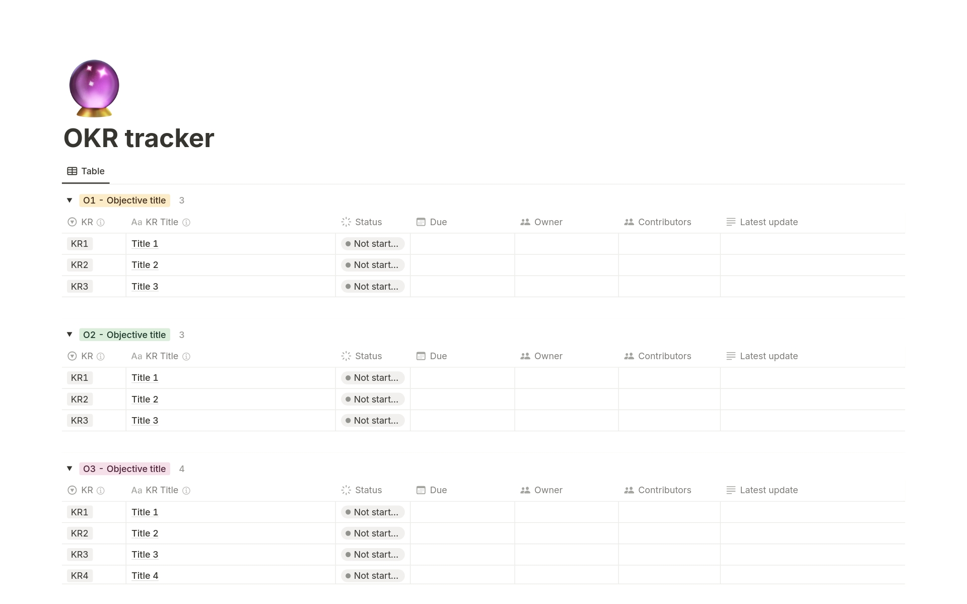 A template preview for OKR tracker