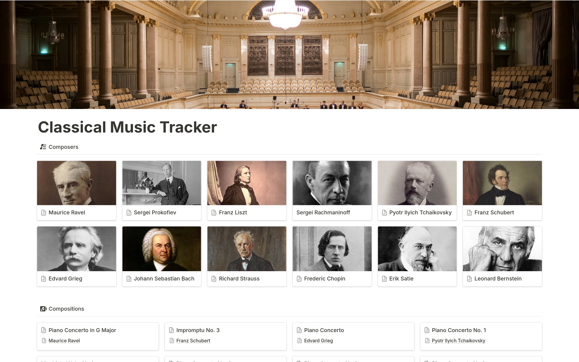The Classical Music Tracker is a template where you can track the work of your favorite composers, the excitement of performances, and the talent of musicians in classical music.