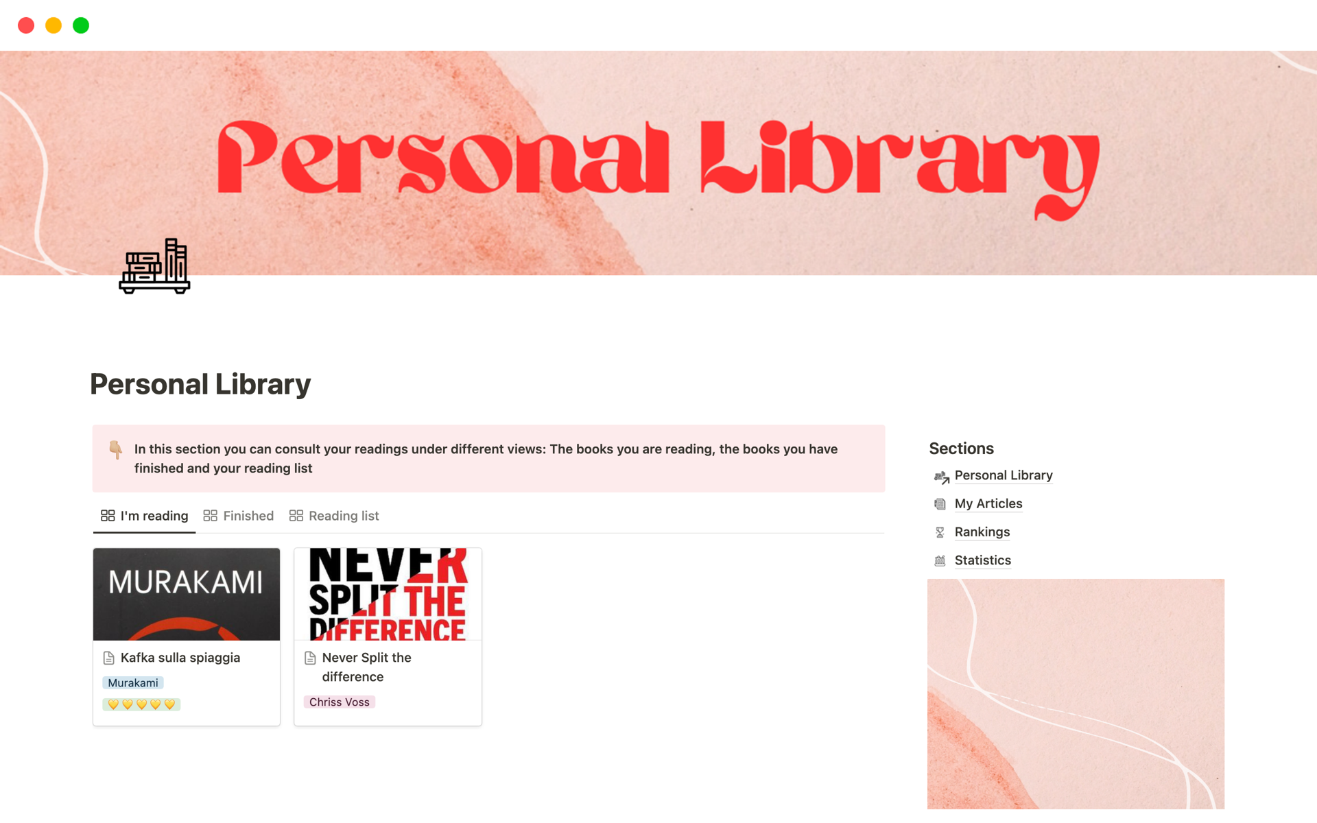 A template preview for Personal Library