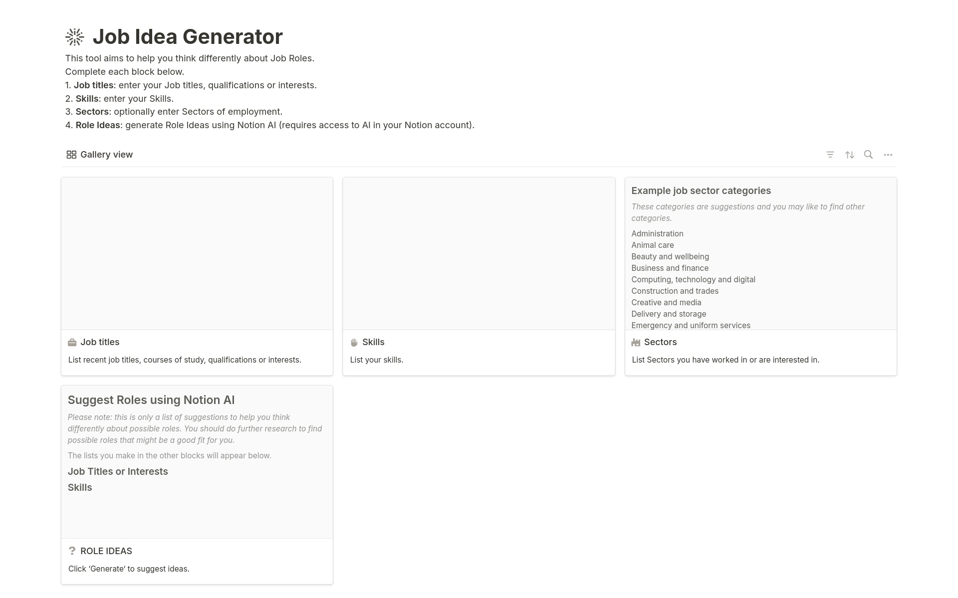 A template preview for Job Idea Generator