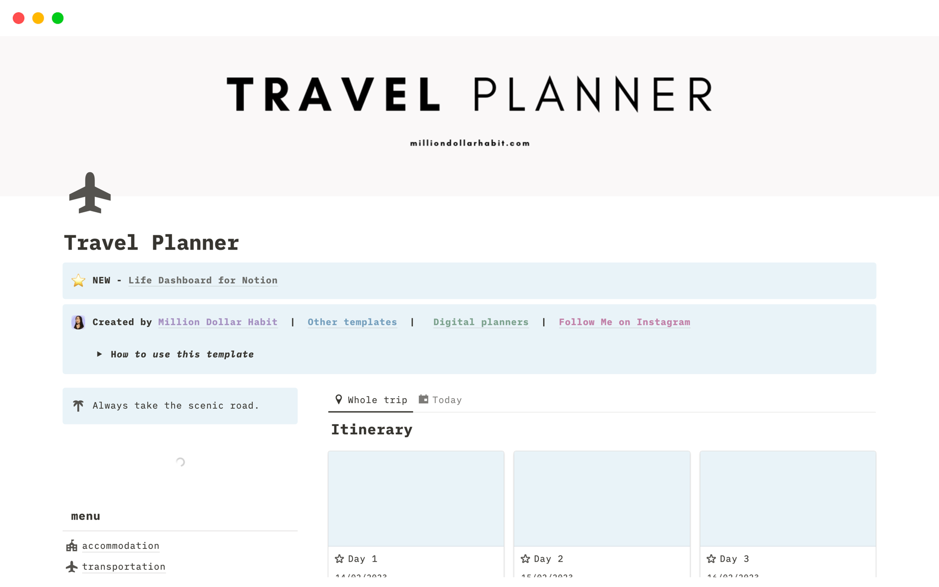 This template features a travel planner dashboard and is designed to help travelers like you stay organized and efficient while planning your trips.