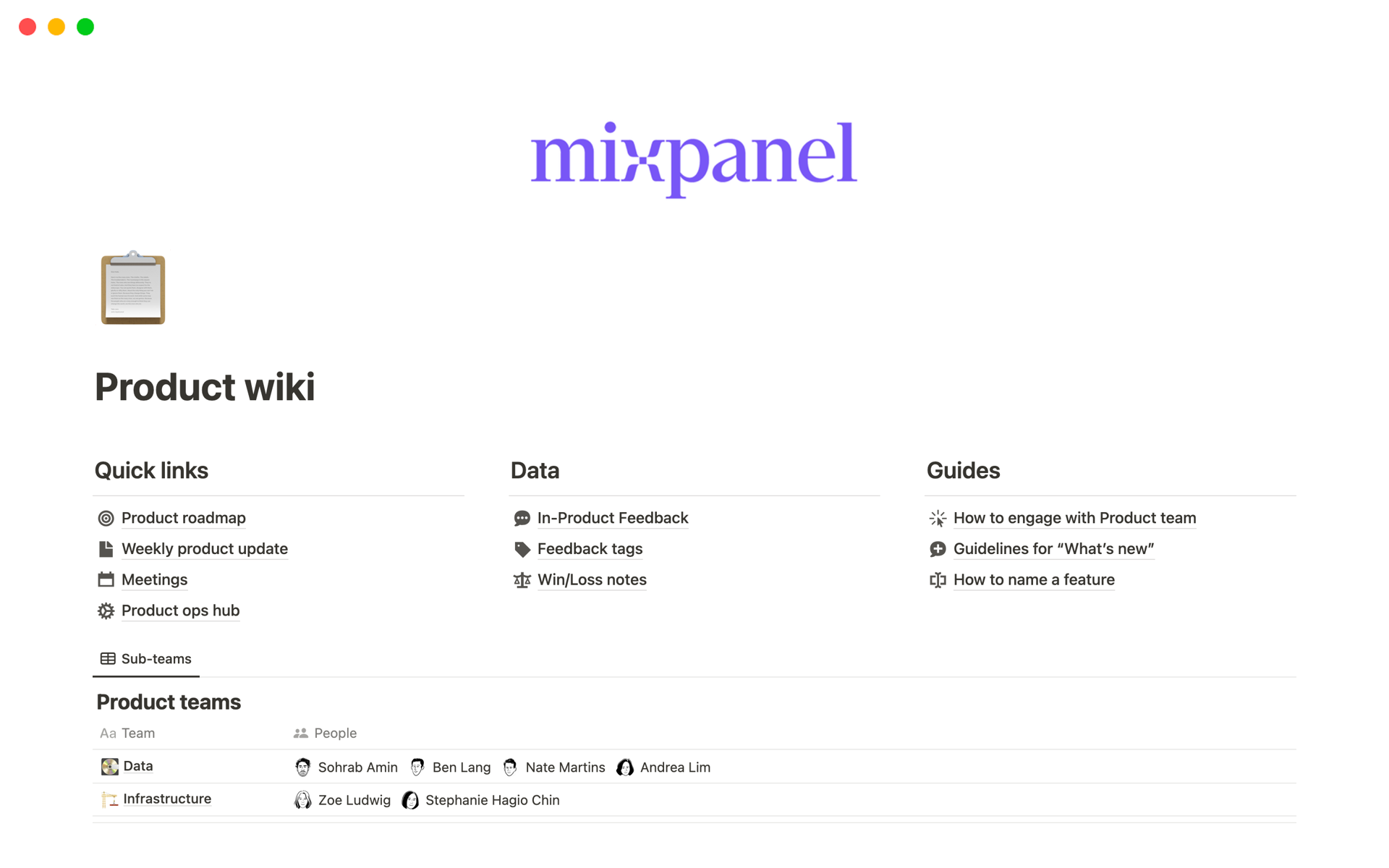 A template preview for Mixpanel’s product wiki