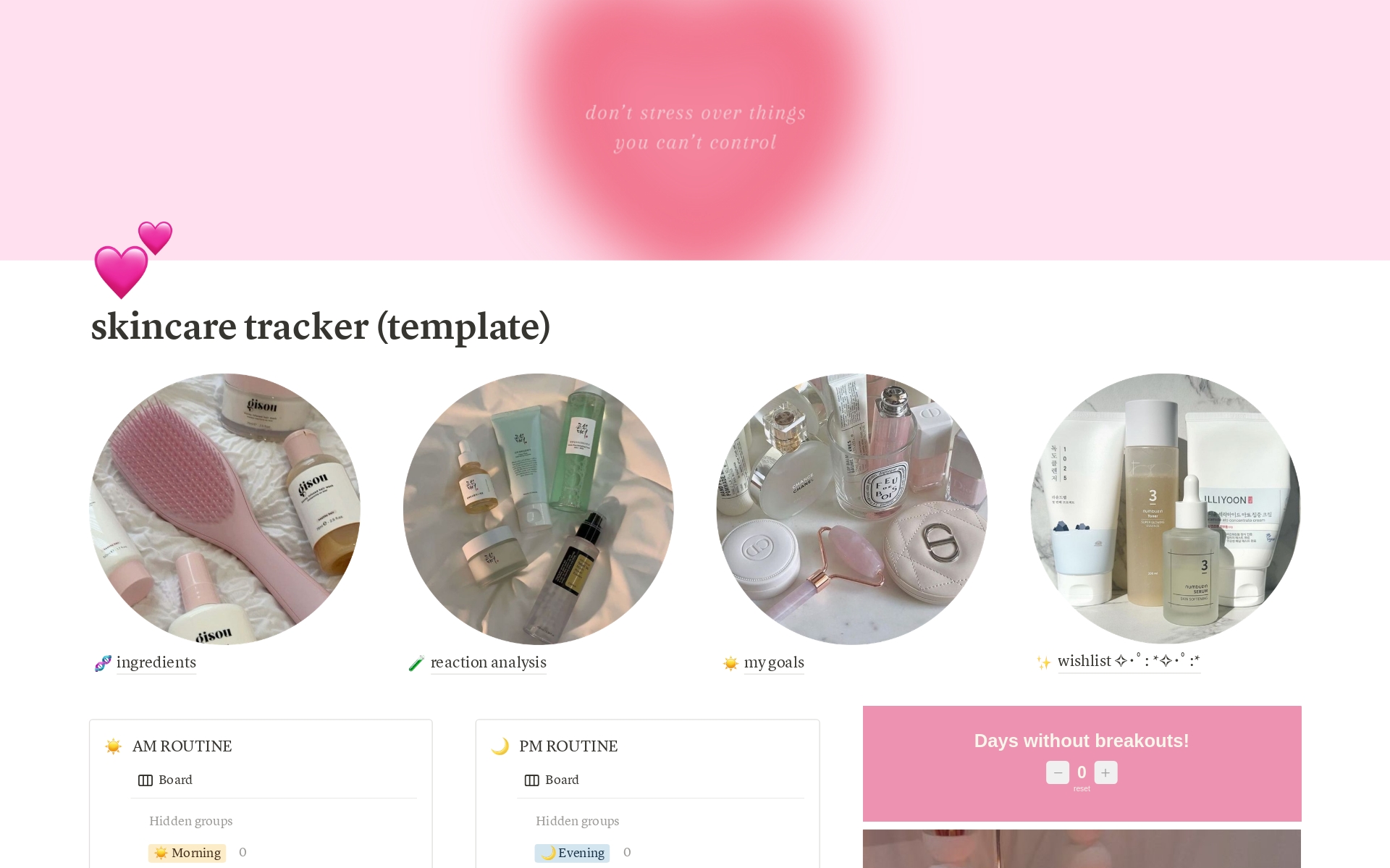A template preview for Radiant Skin Journey: Notion Skincare Tracker
