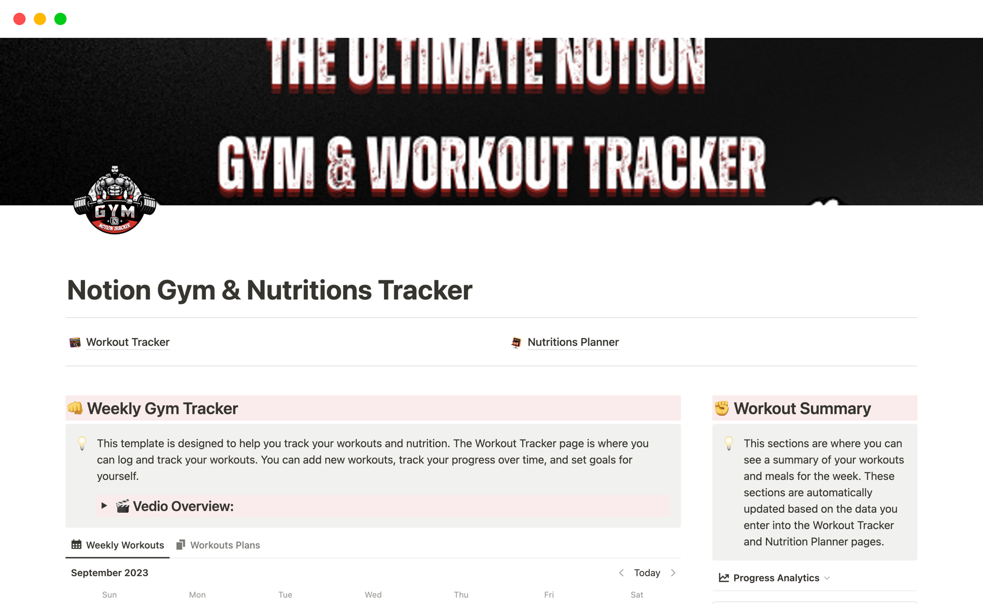 Gym & Nutritions Tracker Notion Template