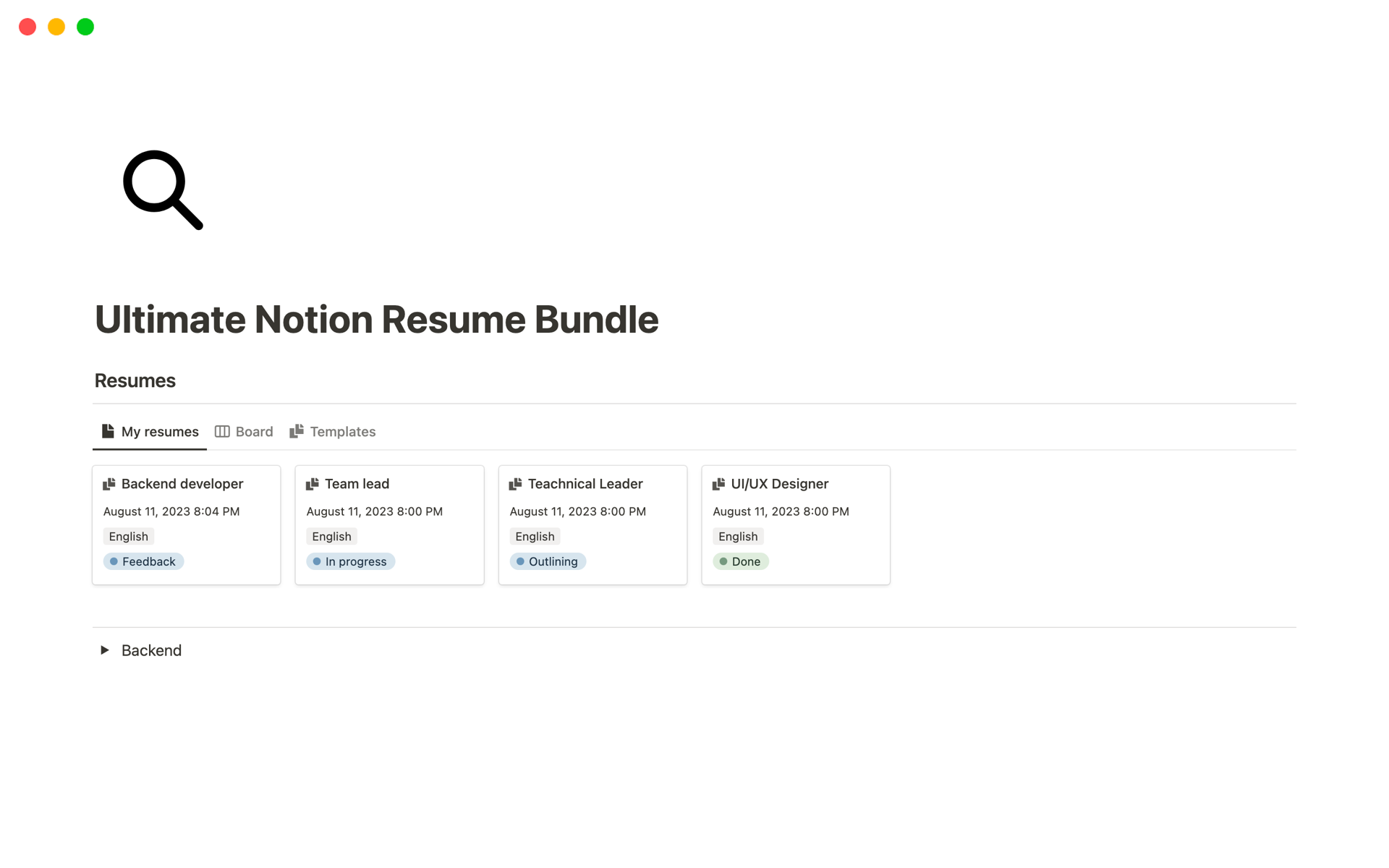 A template preview for Ultimate Notion Resume Bundle