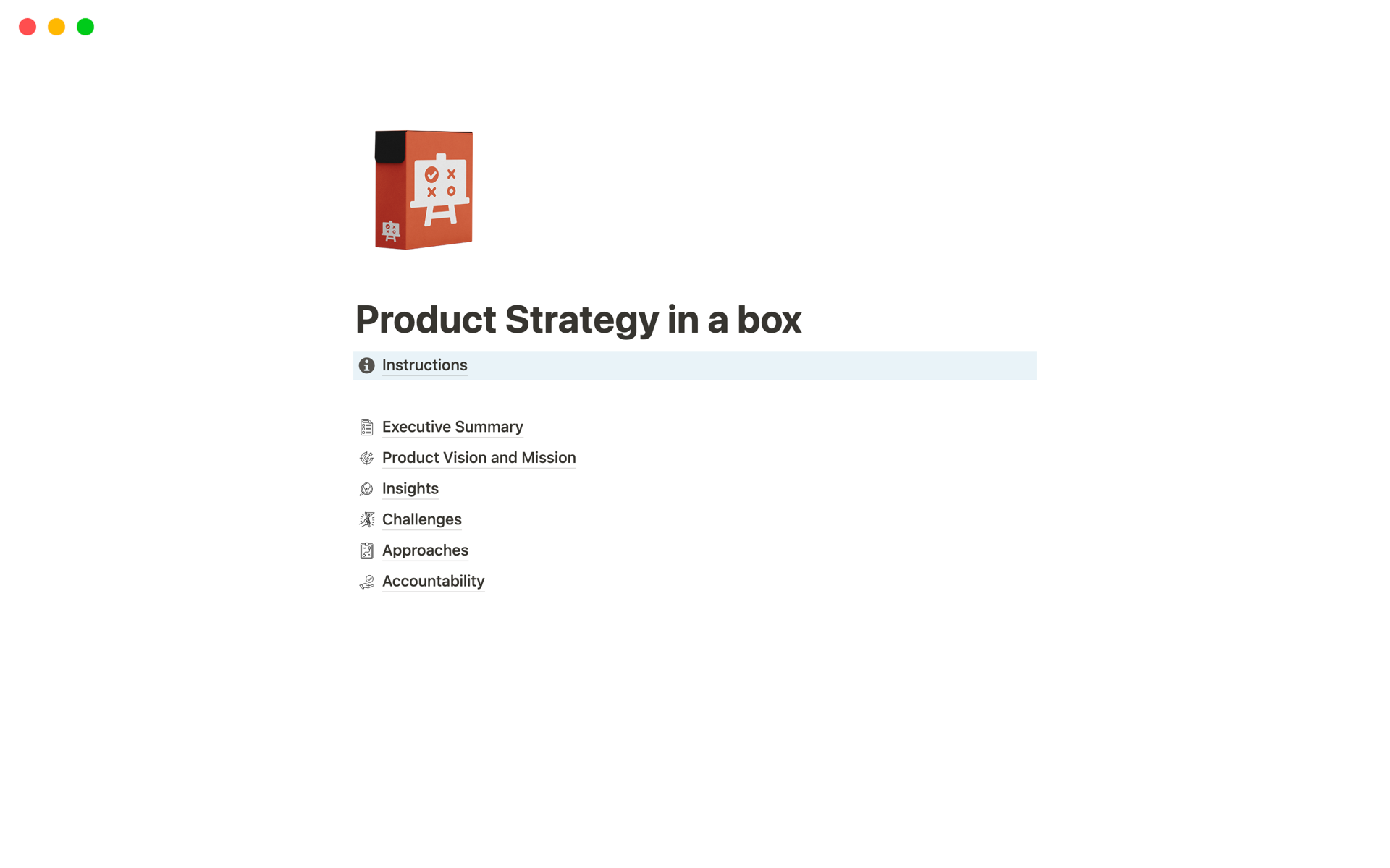 A template preview for Product Strategy in a box