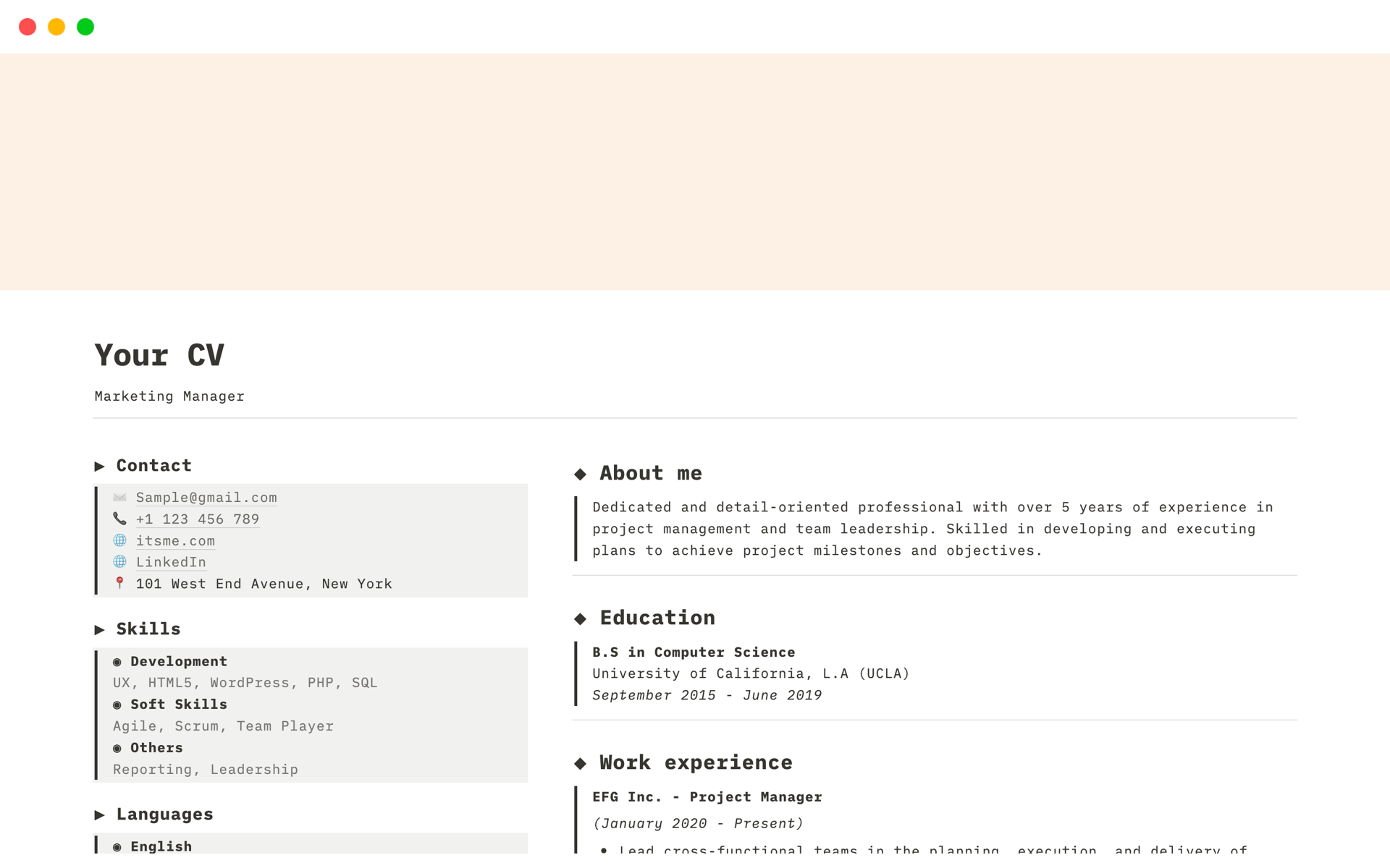 Your CV Simple Resume for Professional Notion Template