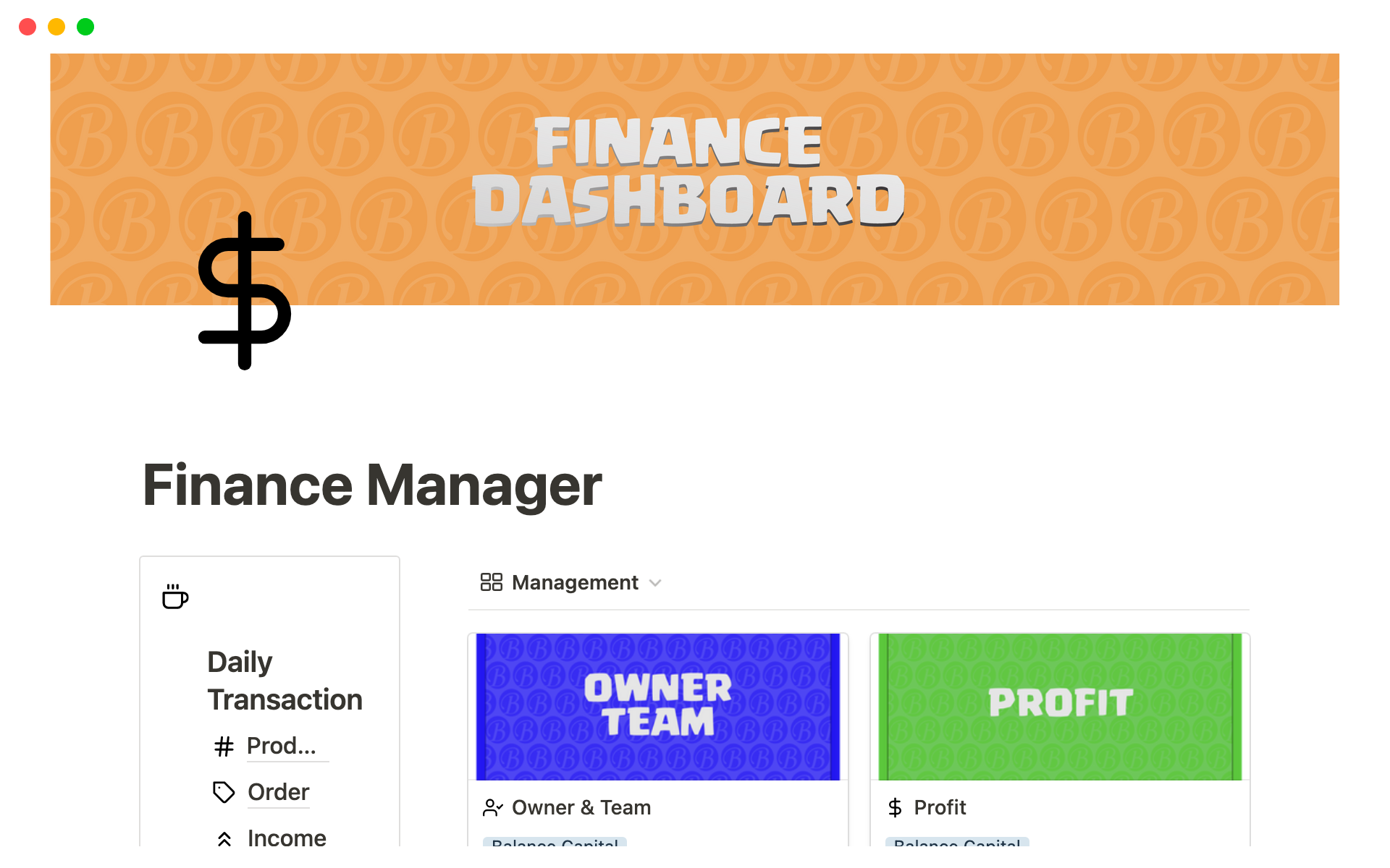 En forhåndsvisning av mal for Finance dashboard