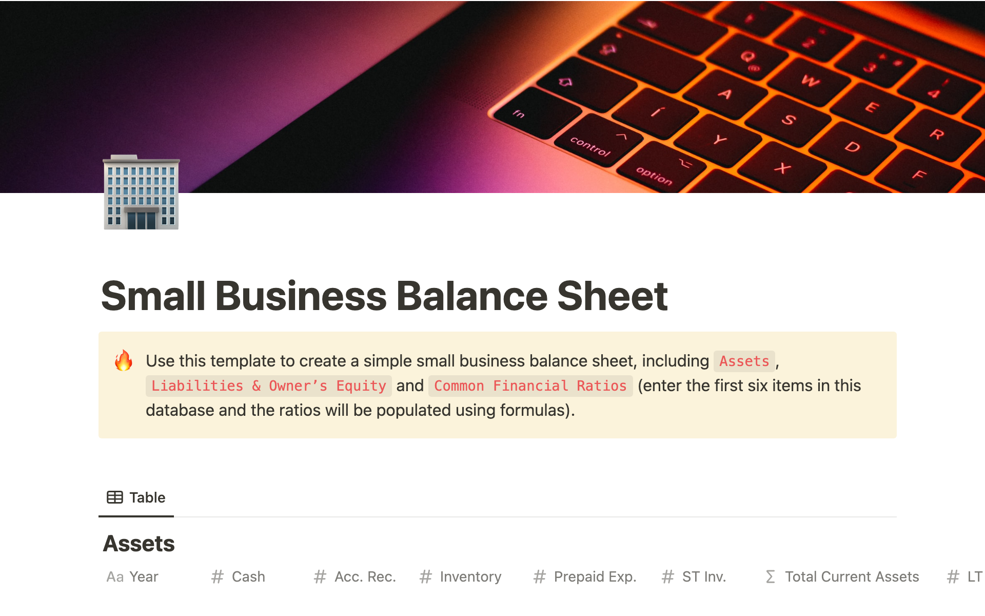 A template preview for Small Business Balance Sheet Template