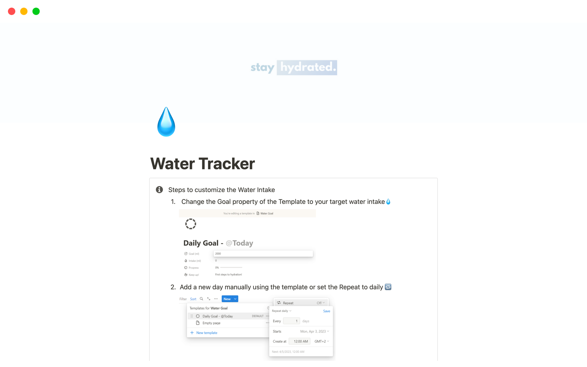 Hydrate for success with the Water Tracker Notion Template - effortlessly monitor intake, gain insights, set reminders, visualize data, and customize for your goals. Start your journey to a healthier lifestyle now!