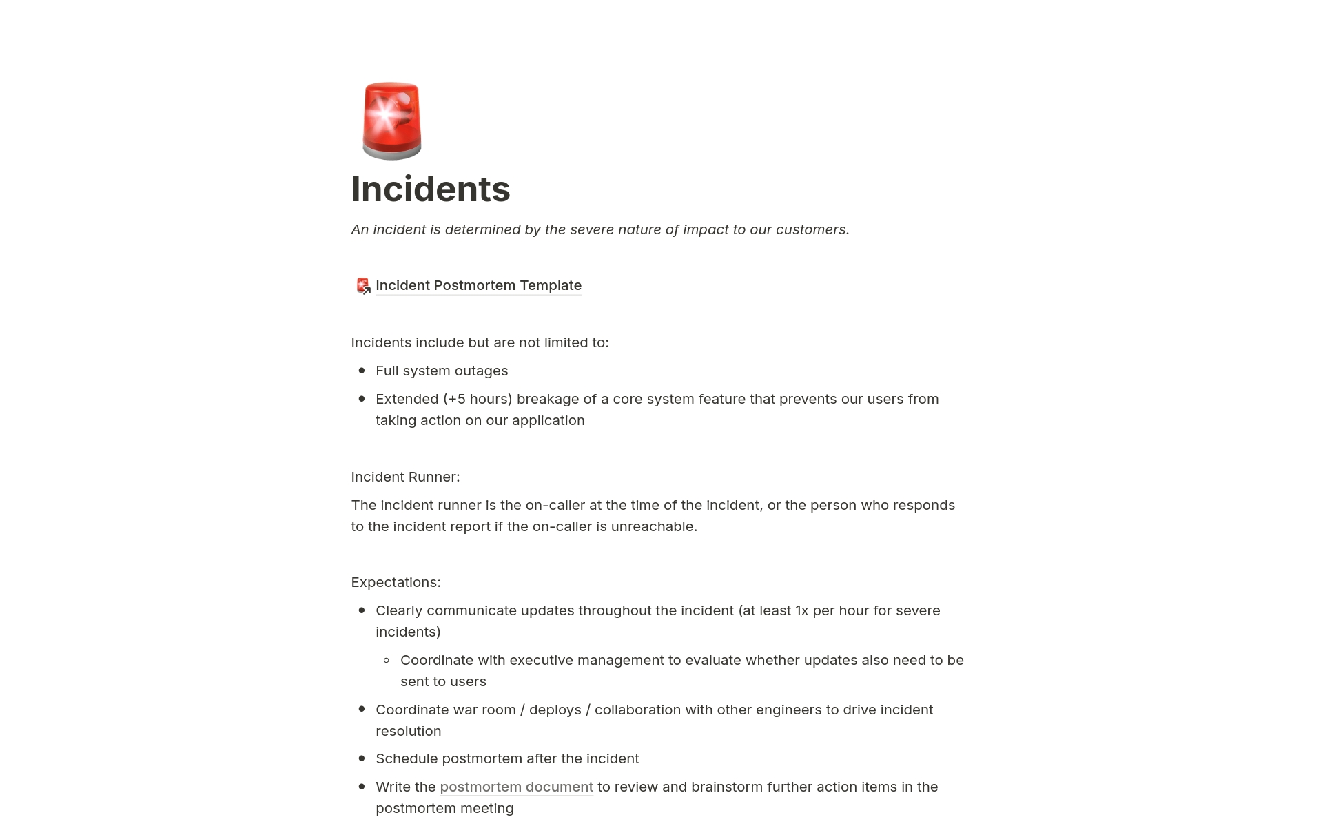 A simple template to use to drive incident postmortems for software development to help encourage learning from incidents and organize team  brainstorms of improvement ideas for the future.