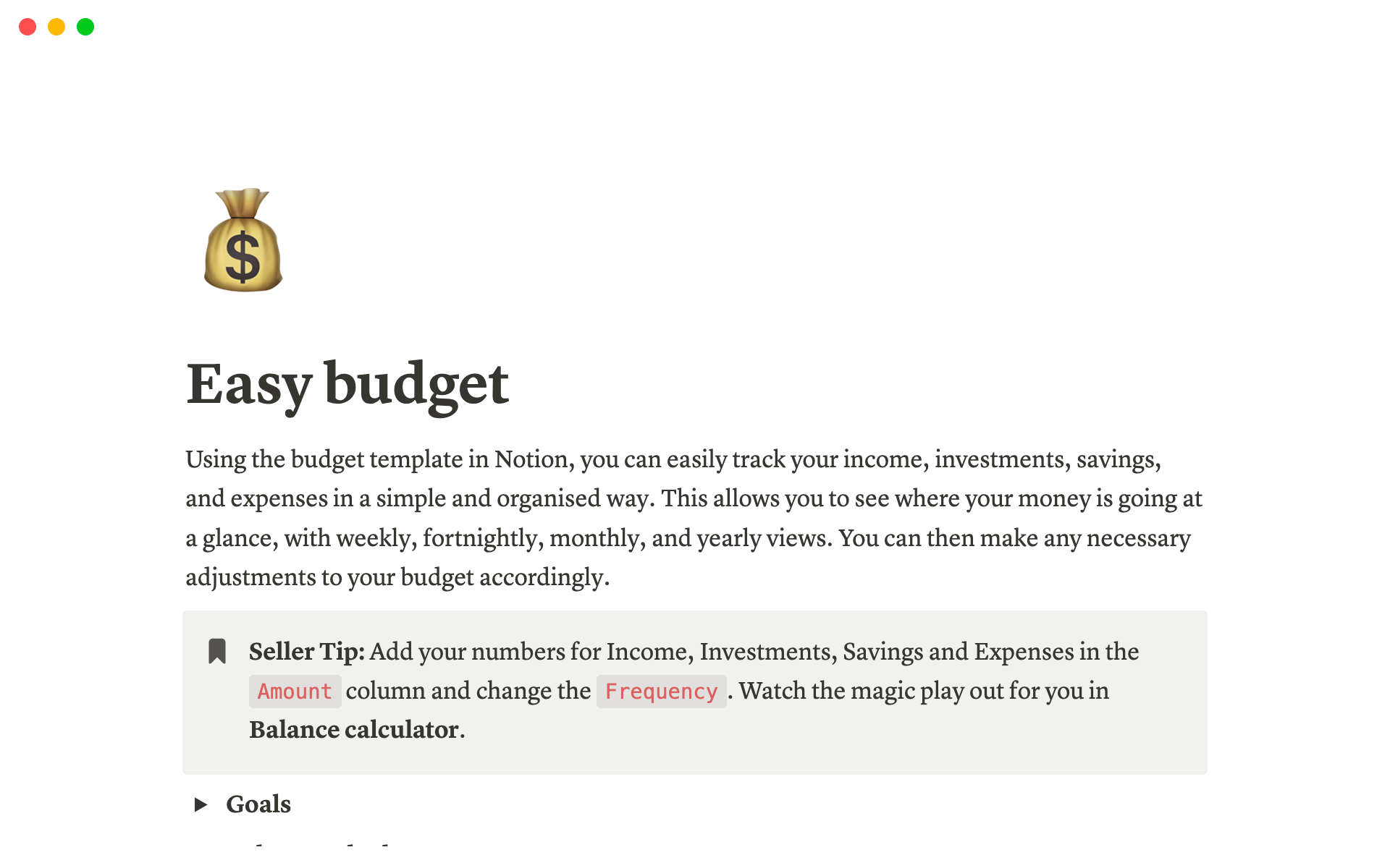 A template preview for Easy budget