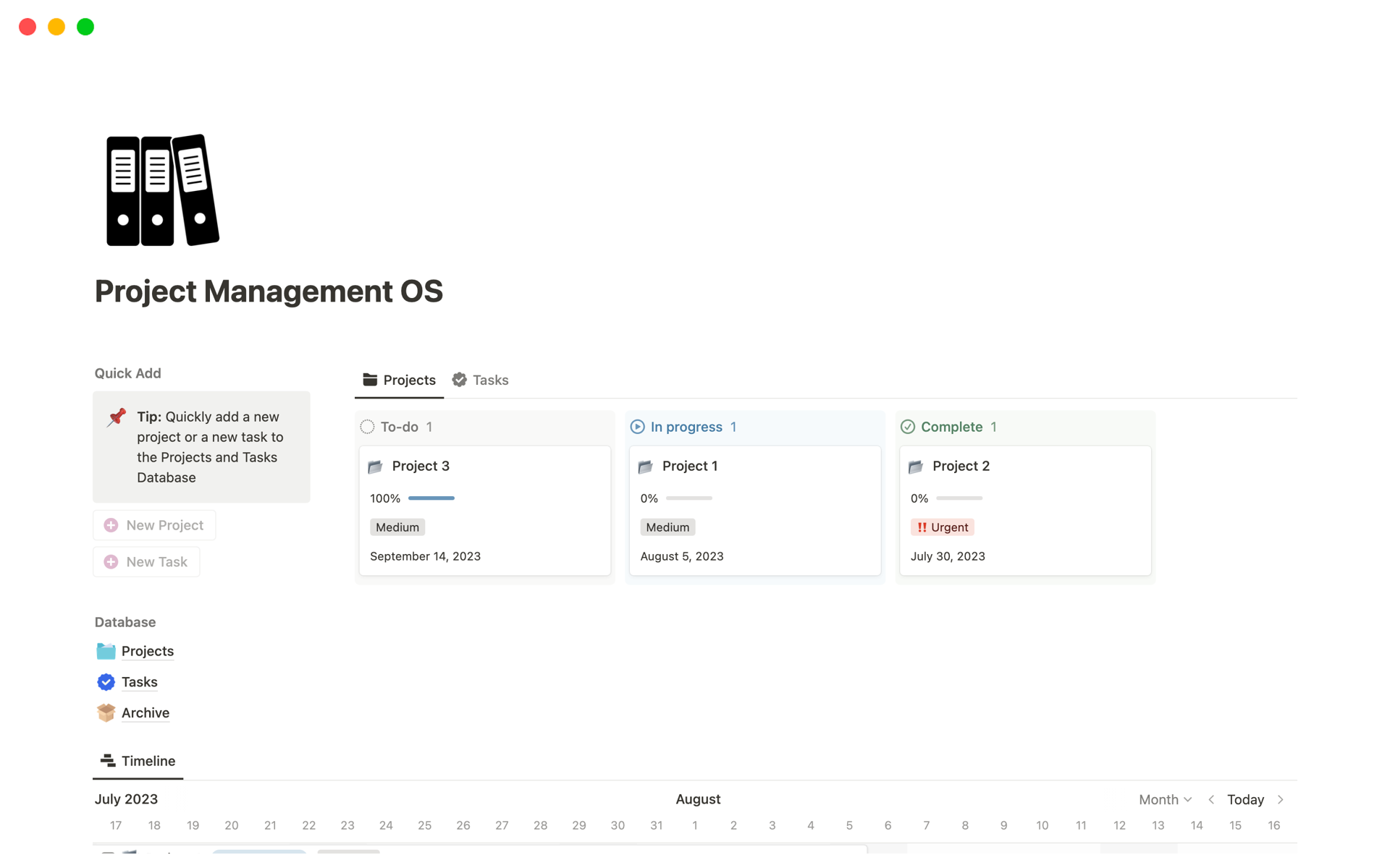 Eine Vorlagenvorschau für Project Management OS