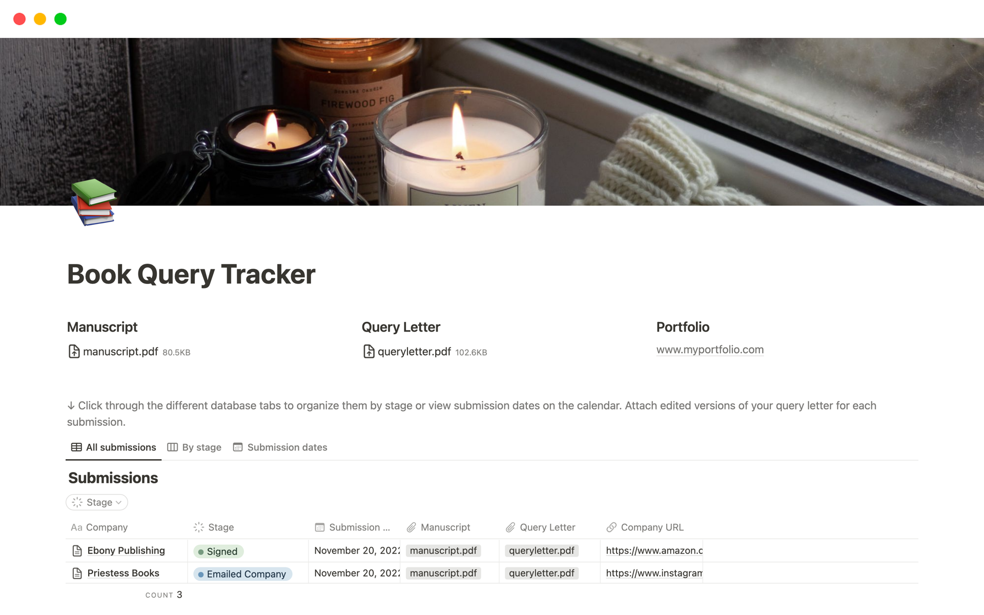 A template preview for Book Query Tracker