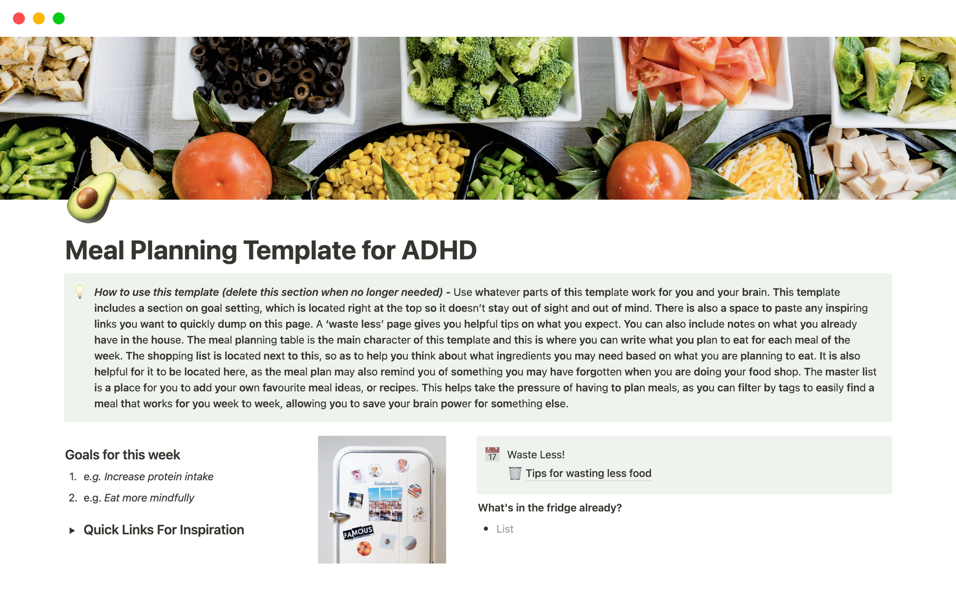 This template is made for people with ADHD to help you plan meals and overcome the challenges associated with ADHD and executive function in regards to meal planning.