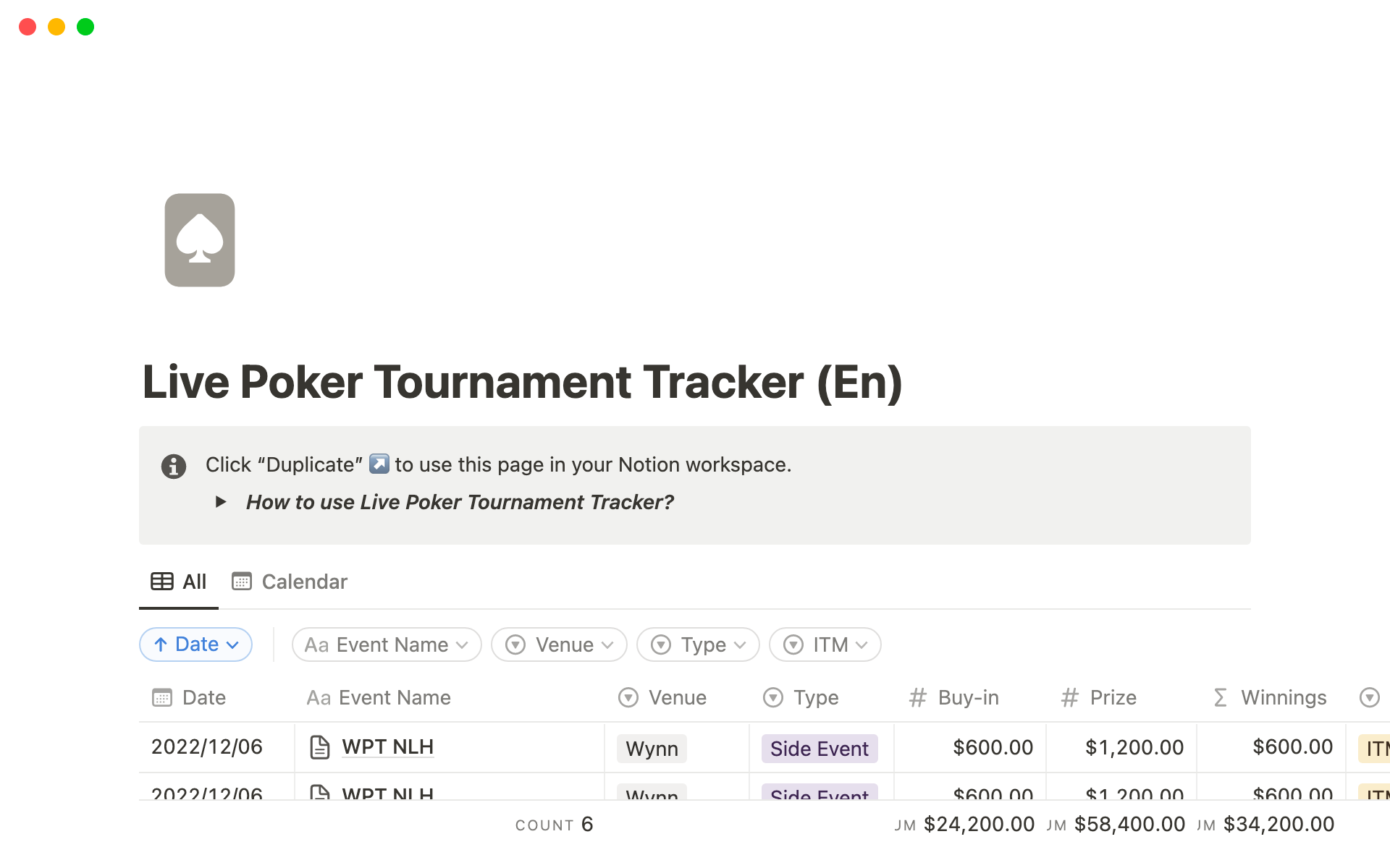 En forhåndsvisning av mal for Live Poker Tournament Tracker