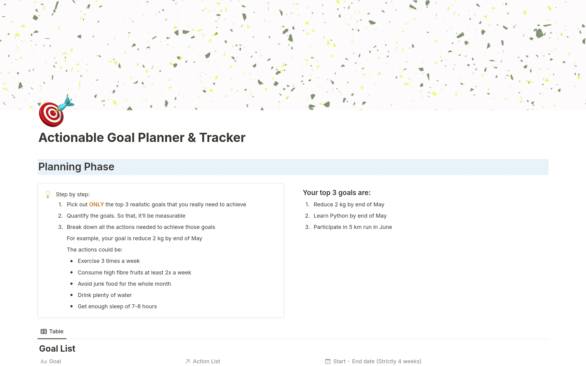 Vista previa de una plantilla para 4-weeks Goal Planner & Tracker 
