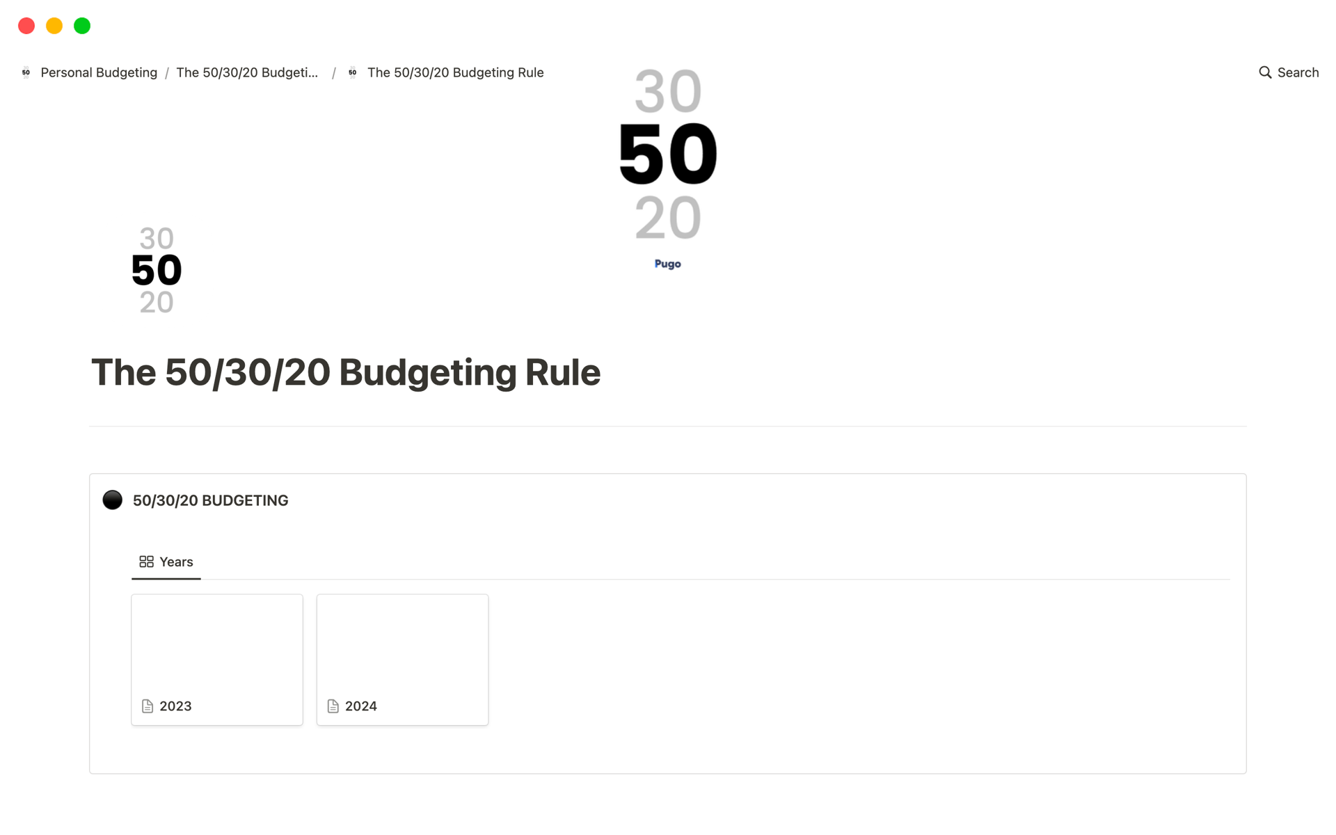 A template preview for 50/30/20 Budgeting (Personal Budgeting)