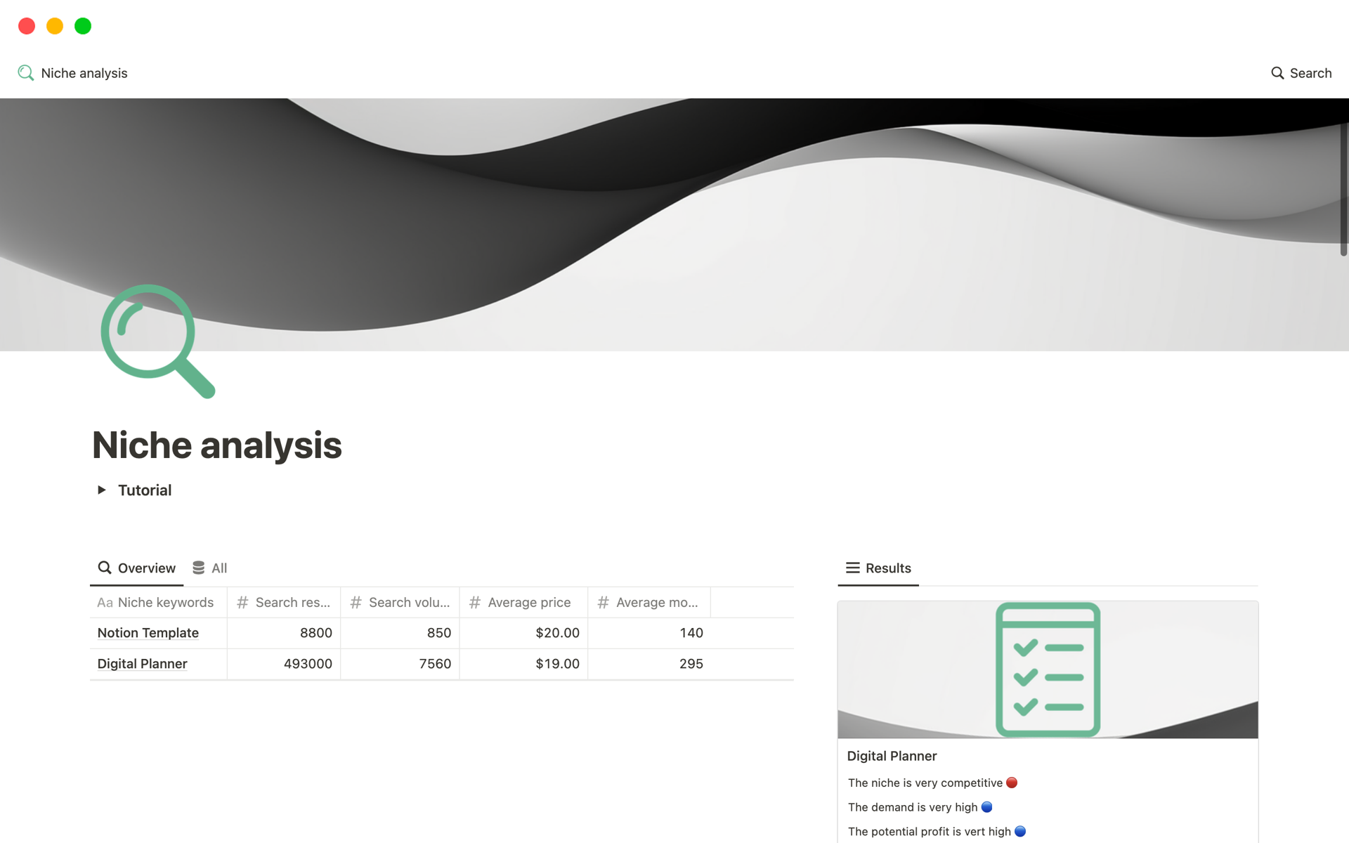 Vista previa de una plantilla para Etsy Niche analysis