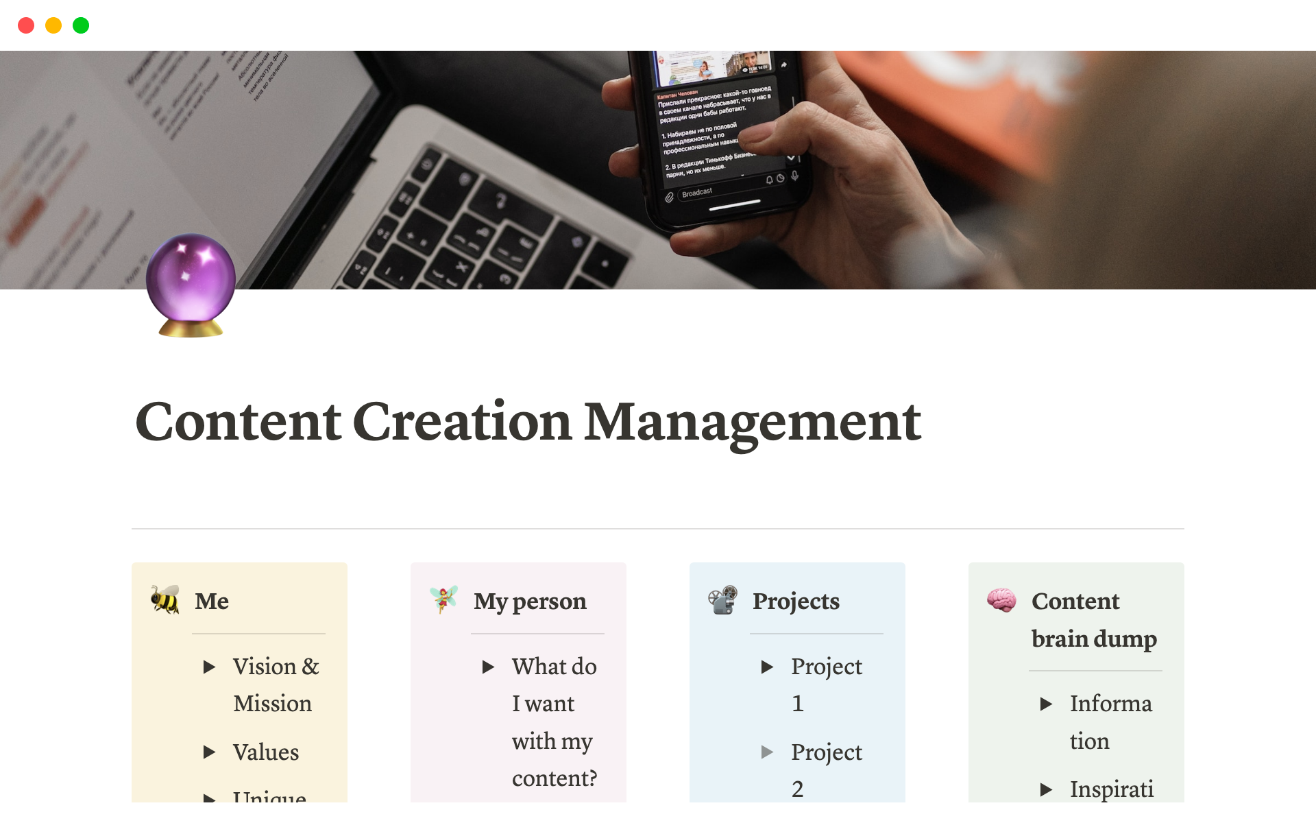 A template preview for Content Creation Management