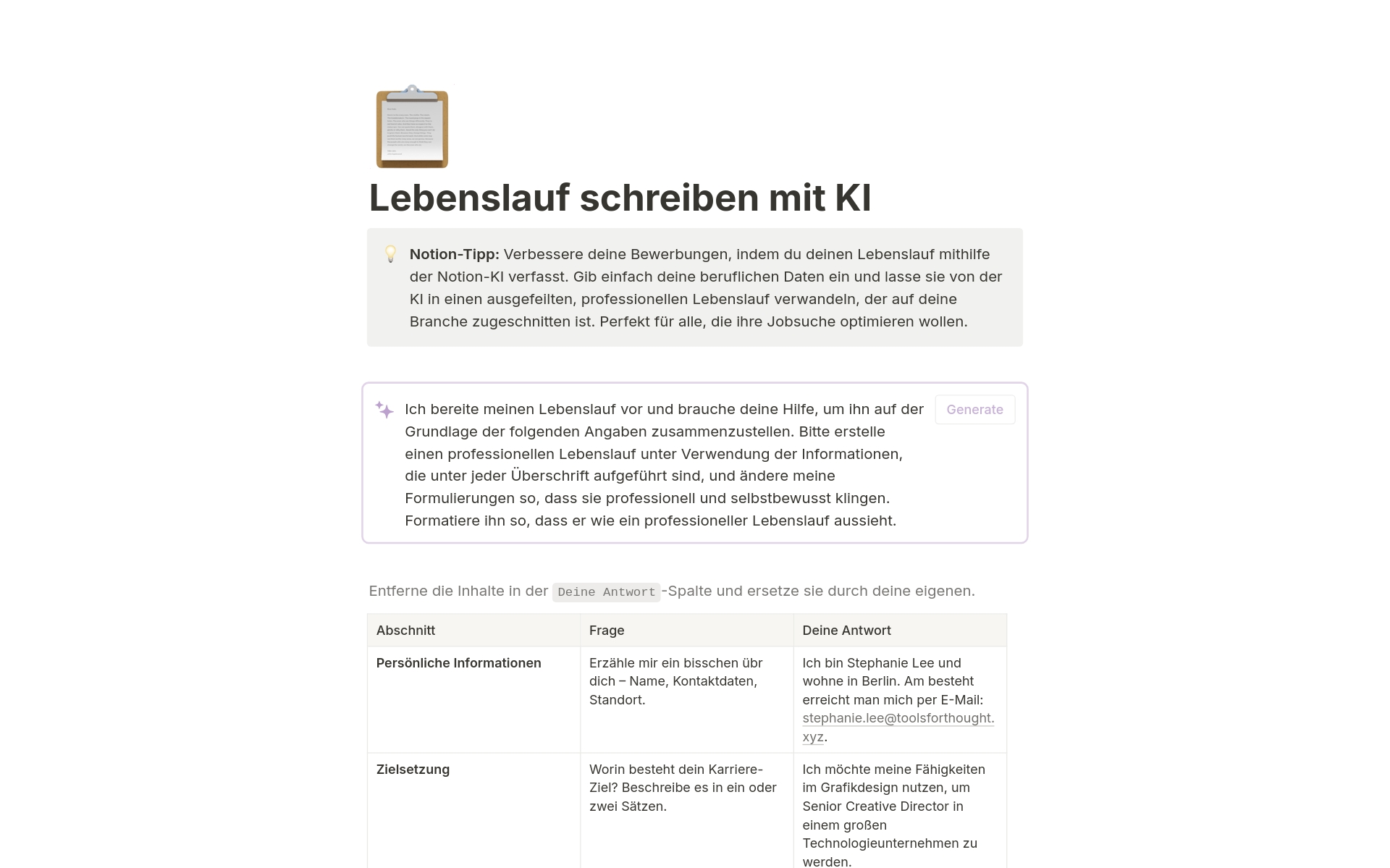 Lebenslauf schreiben mit KI 2024 NotionVorlage